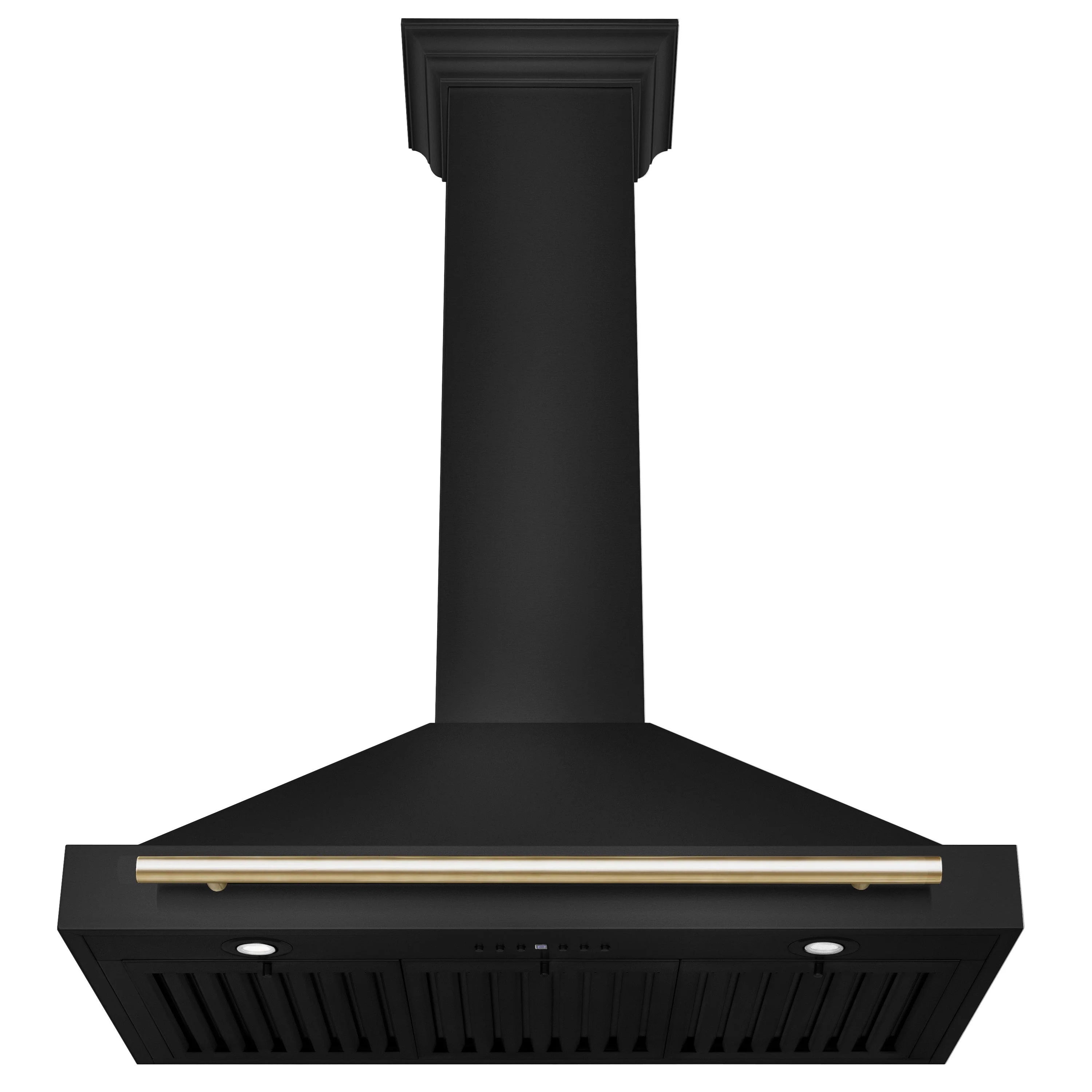 Black wall mount range hood with gold trim, front vent grilles, and control panel
