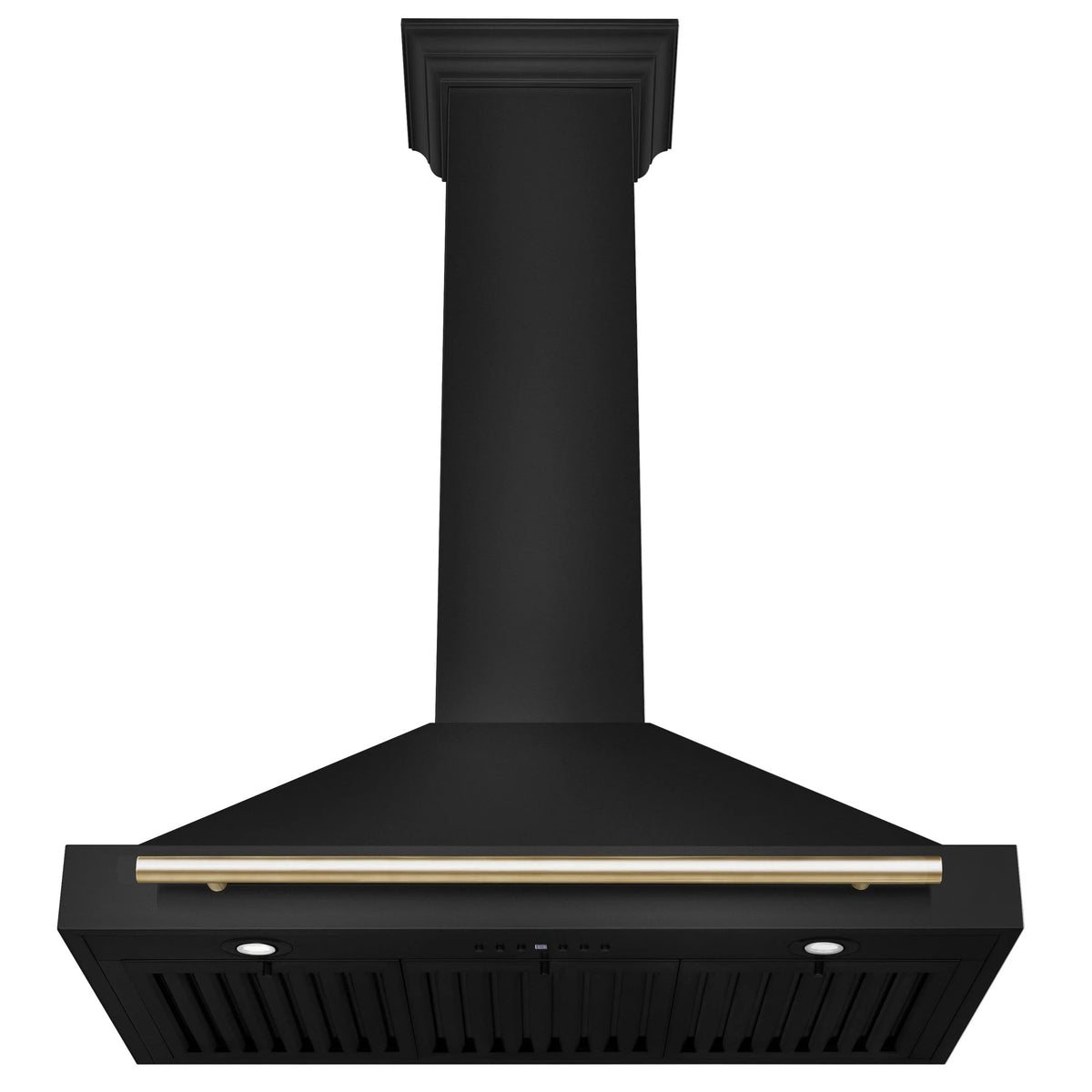 Black range hood with vent grille detail and gold trim bar