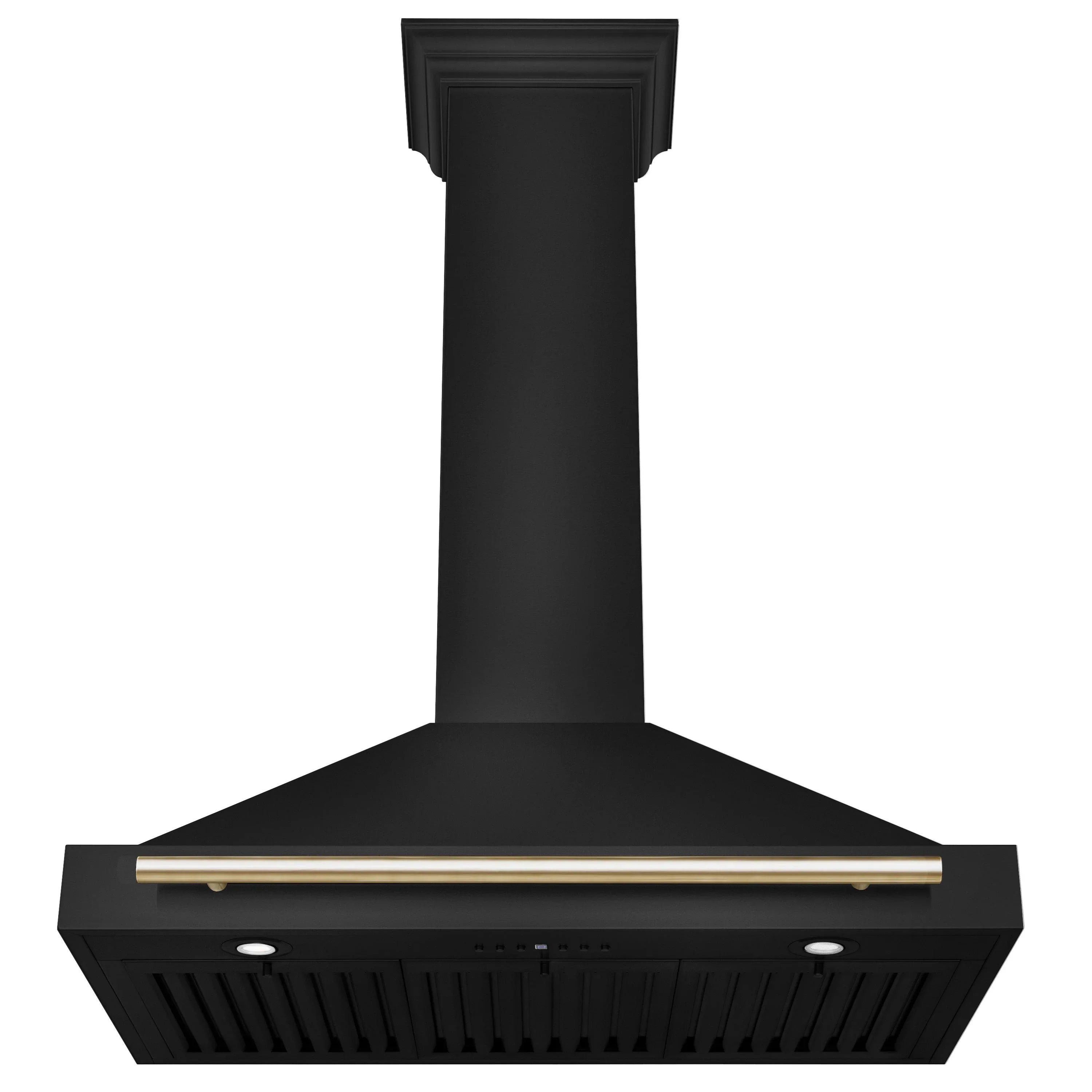 Black stainless wall-mount range hood with gold trim and vented chimney top