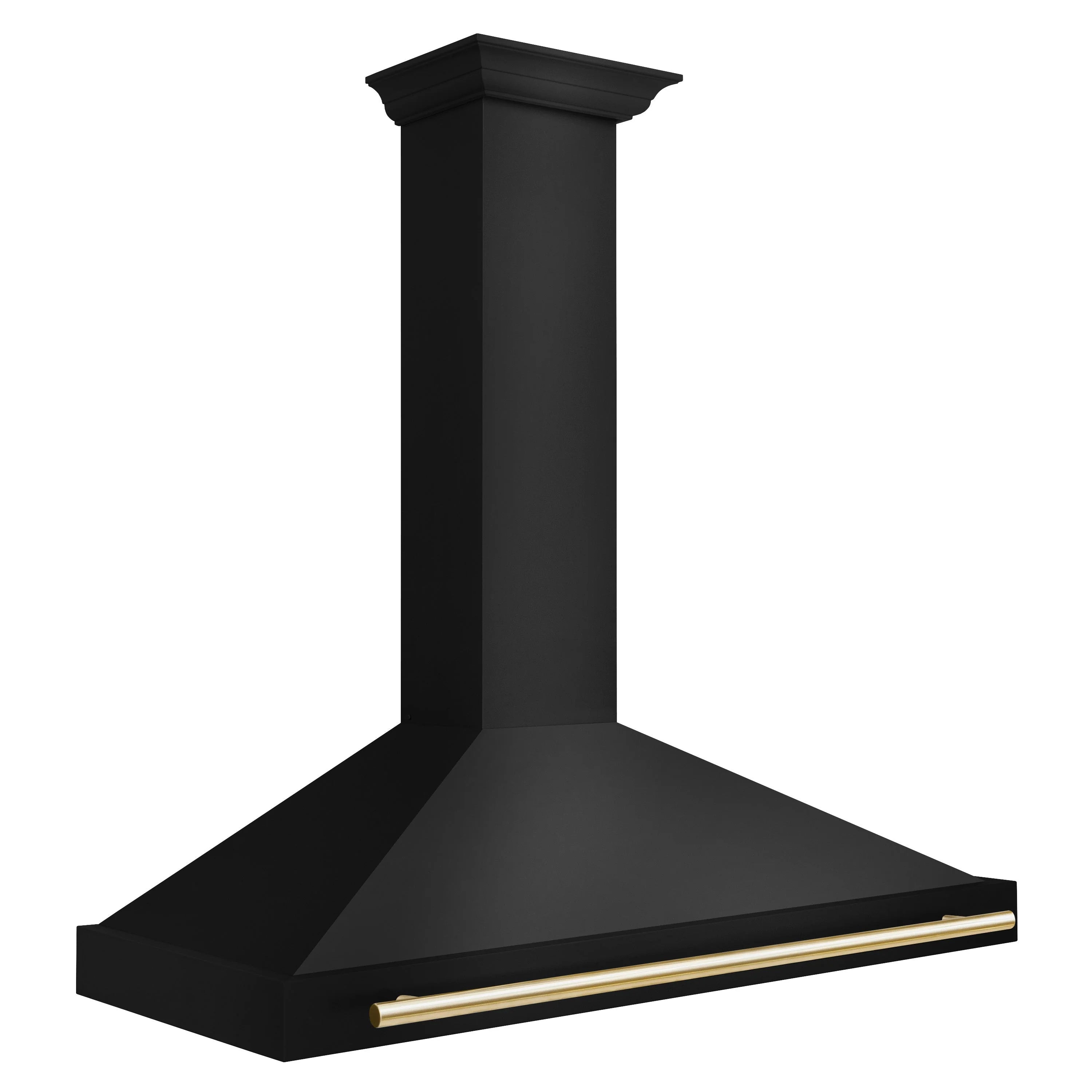Black wall-mount range hood, gold trim bar across front edge