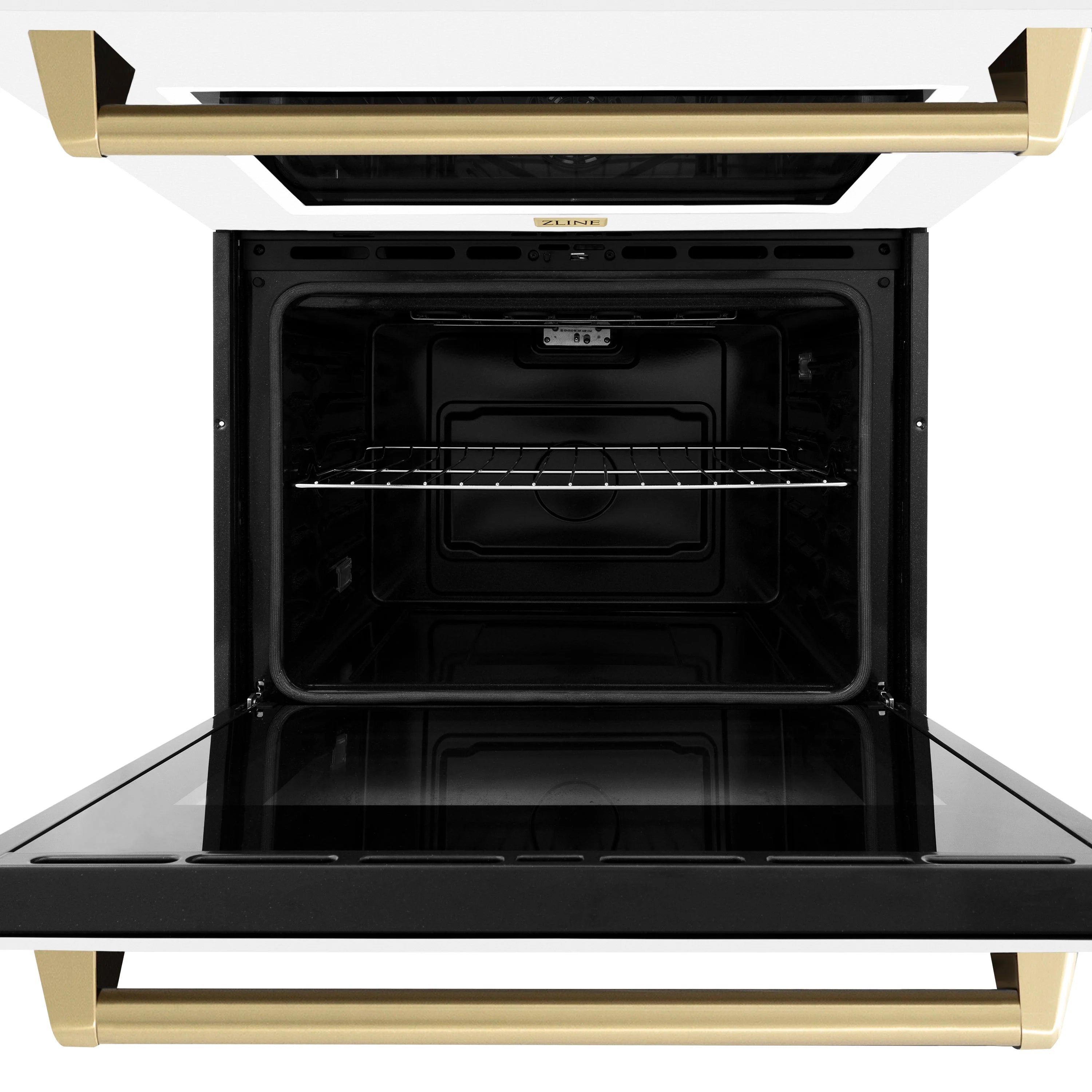 Double wall oven door open, showing black interior racks and bake cavity