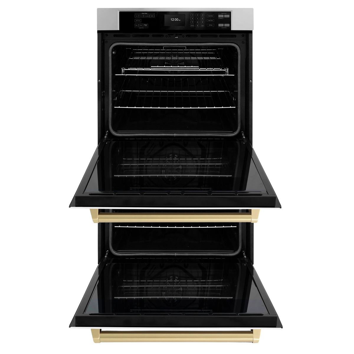 Double wall oven open with wire racks inside both compartments and champagne bronze handle trim