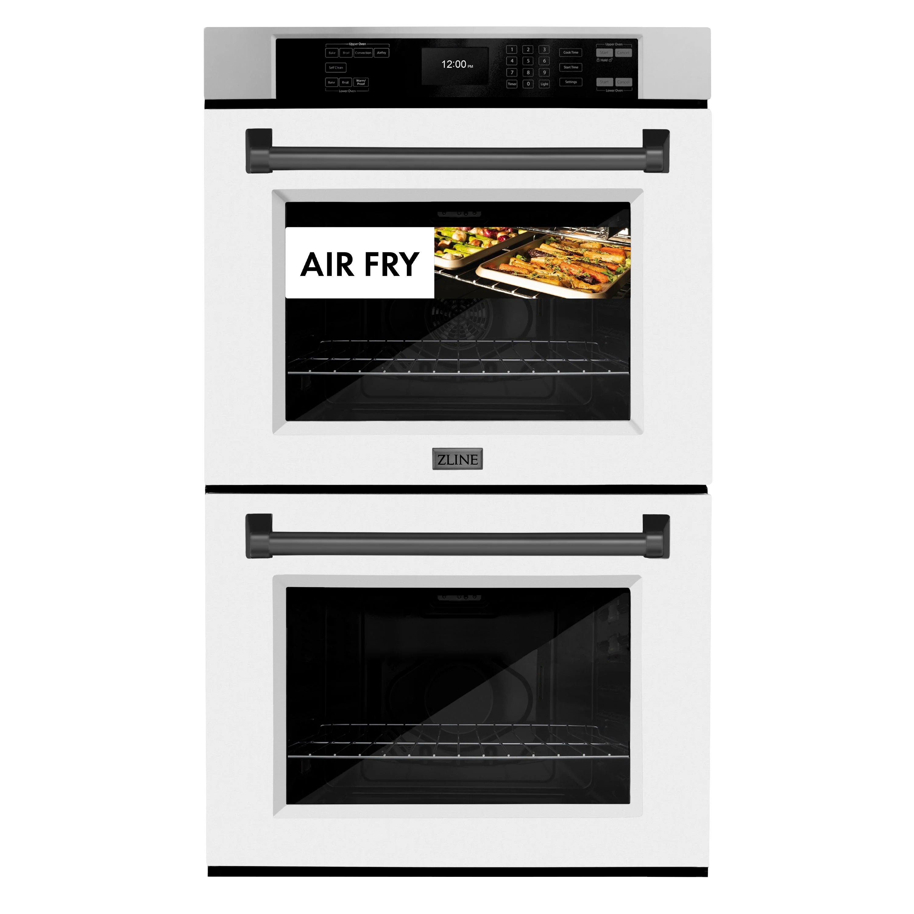 Double wall oven front view with Air Fry feature graphic on the upper oven door