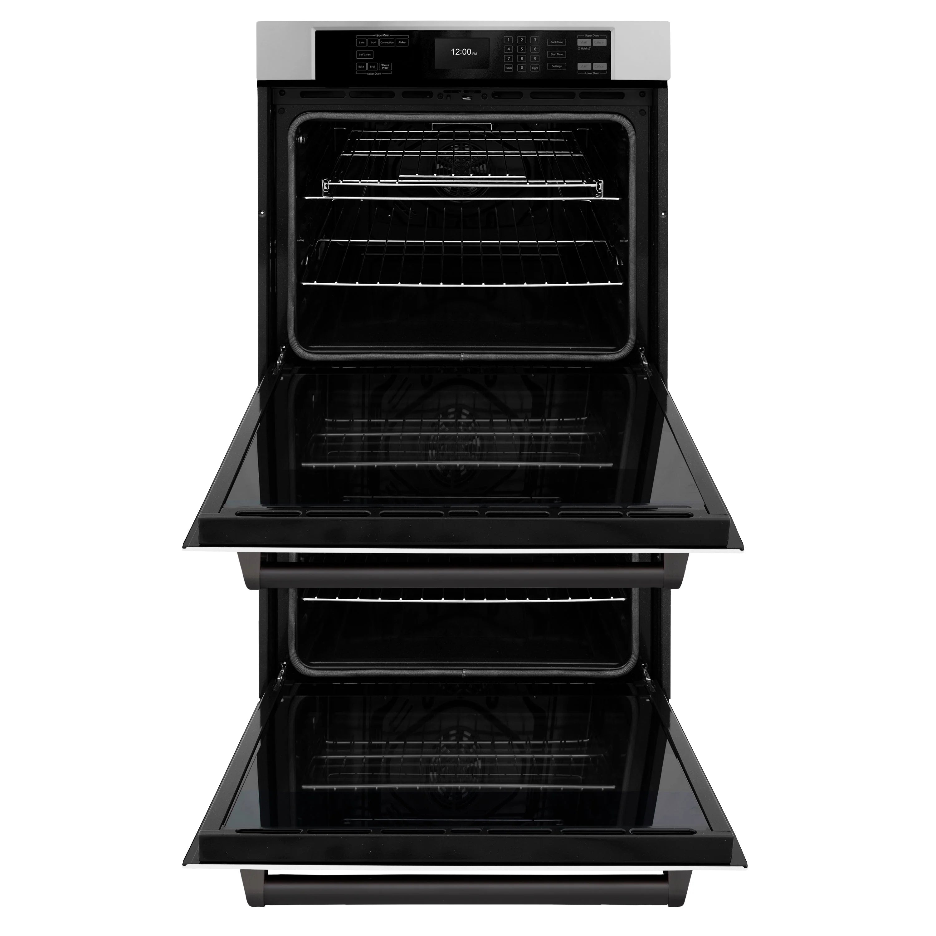 Double wall oven with both oven doors open and two rack levels visible inside