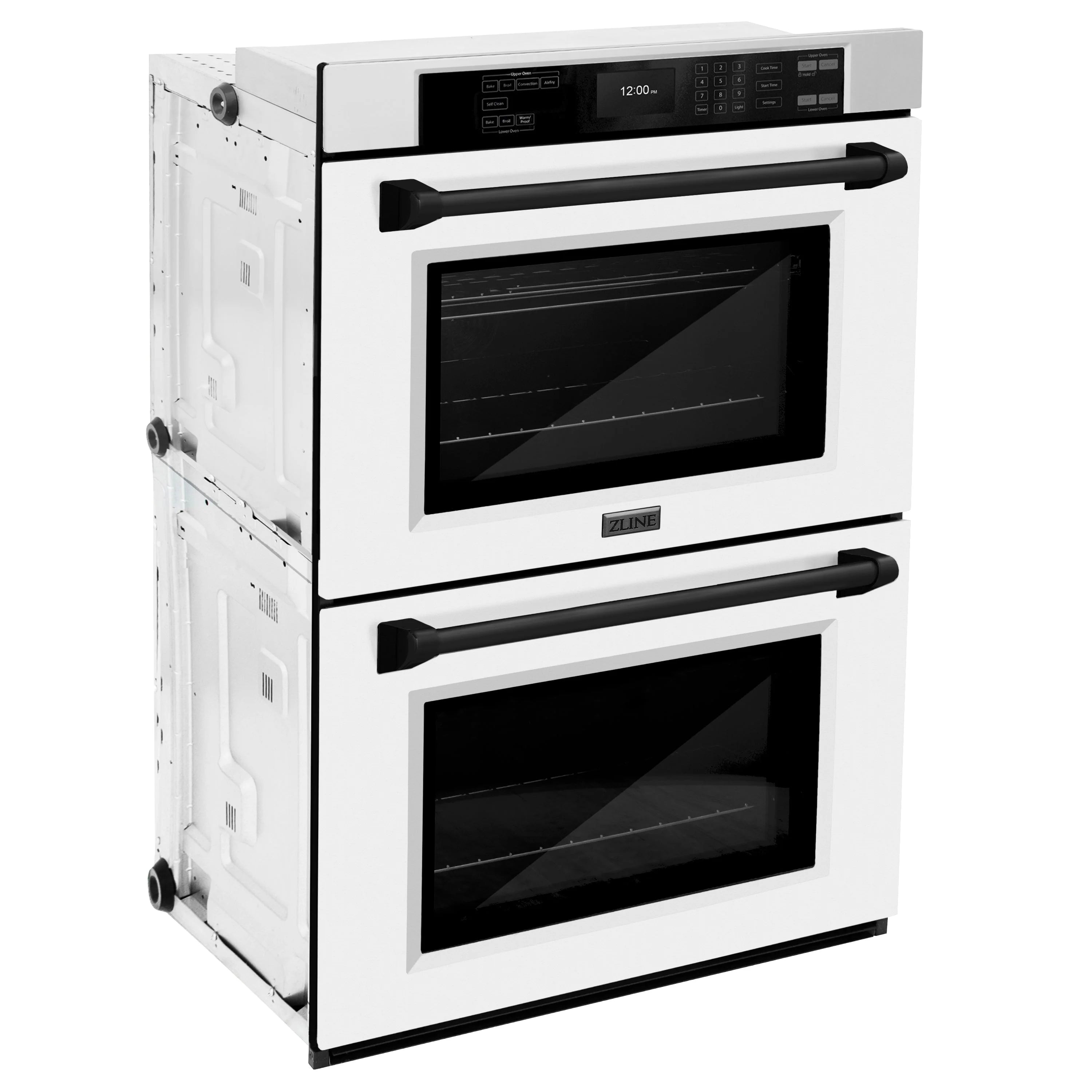 Double wall oven in white matte finish with two glass doors and black horizontal handles