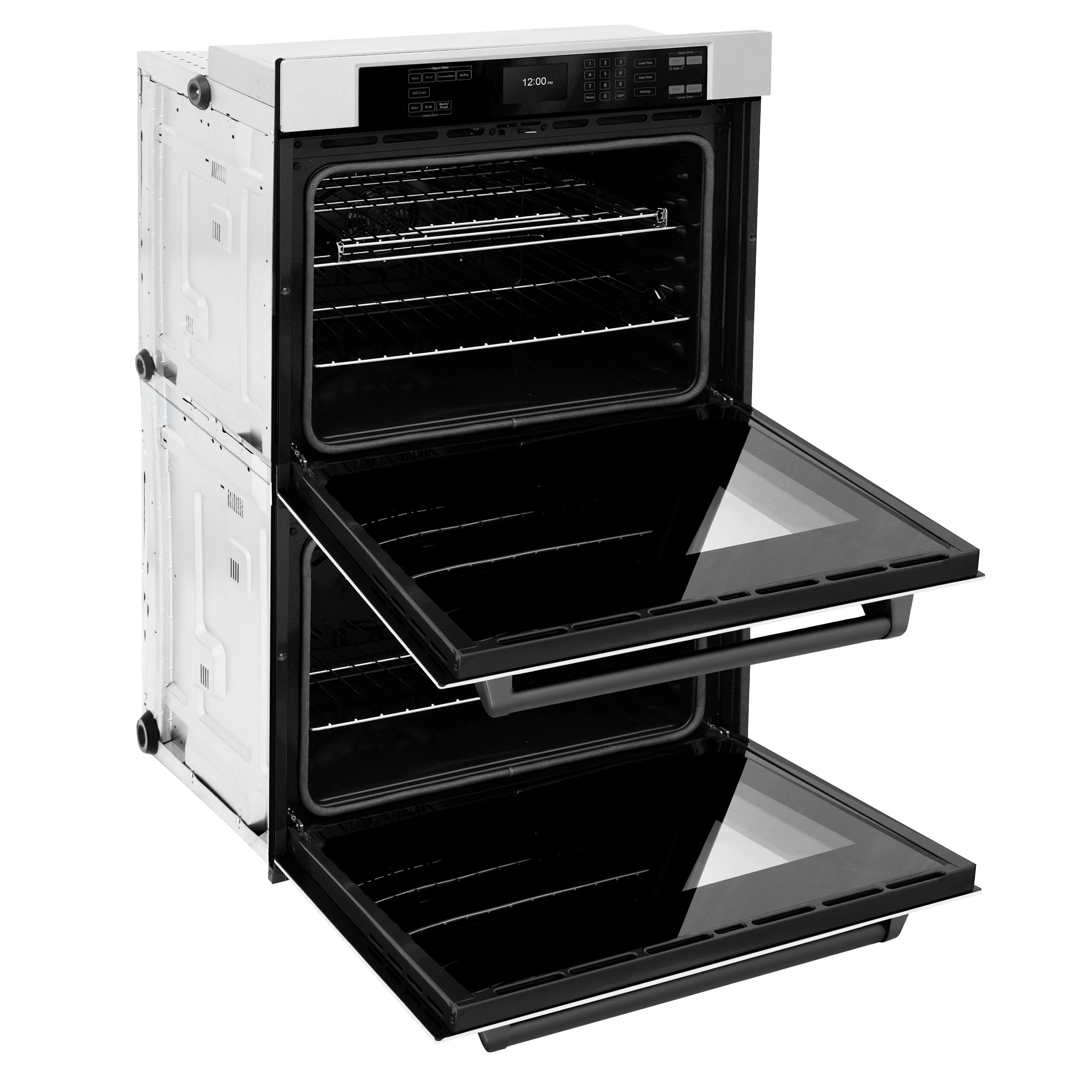 Double wall oven with top door open and pull-out rack trays for grilling or baking
