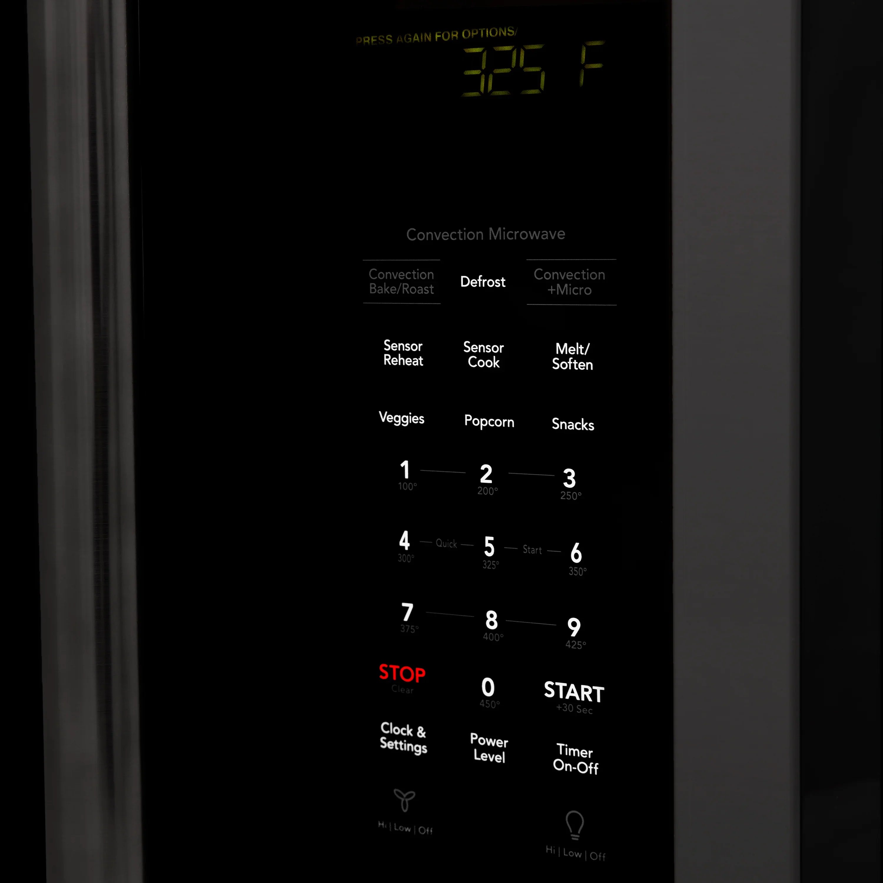Over-the-range microwave oven control panel with digital display and function buttons