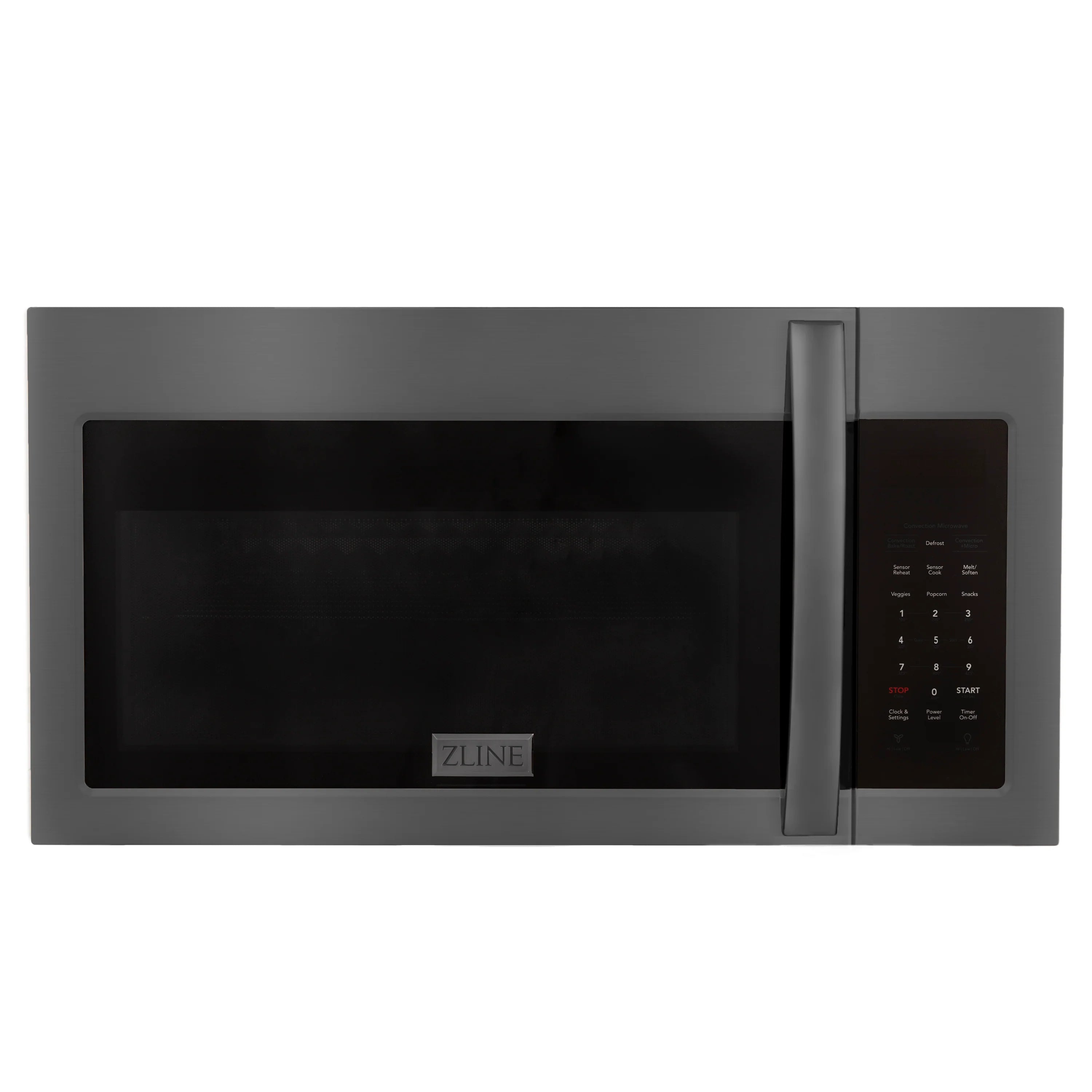 Over-the-range microwave oven front view in black stainless steel with keypad on right