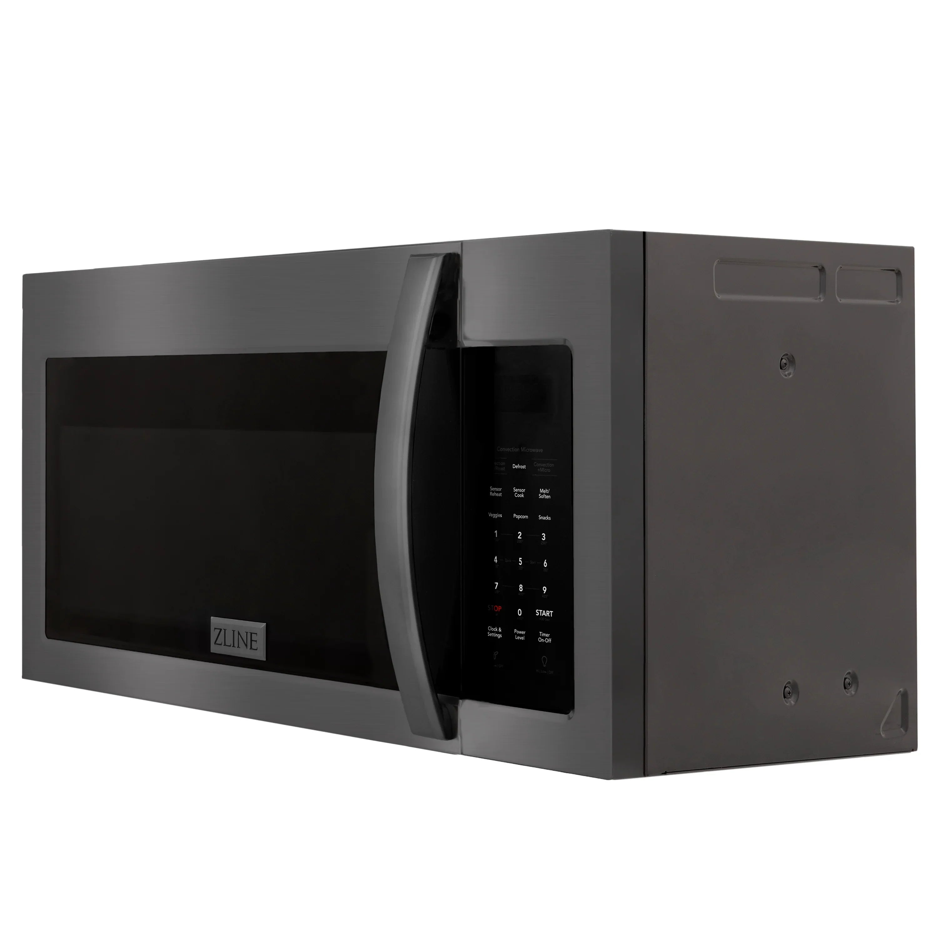 Black stainless steel over-the-range microwave angled view with control panel on door