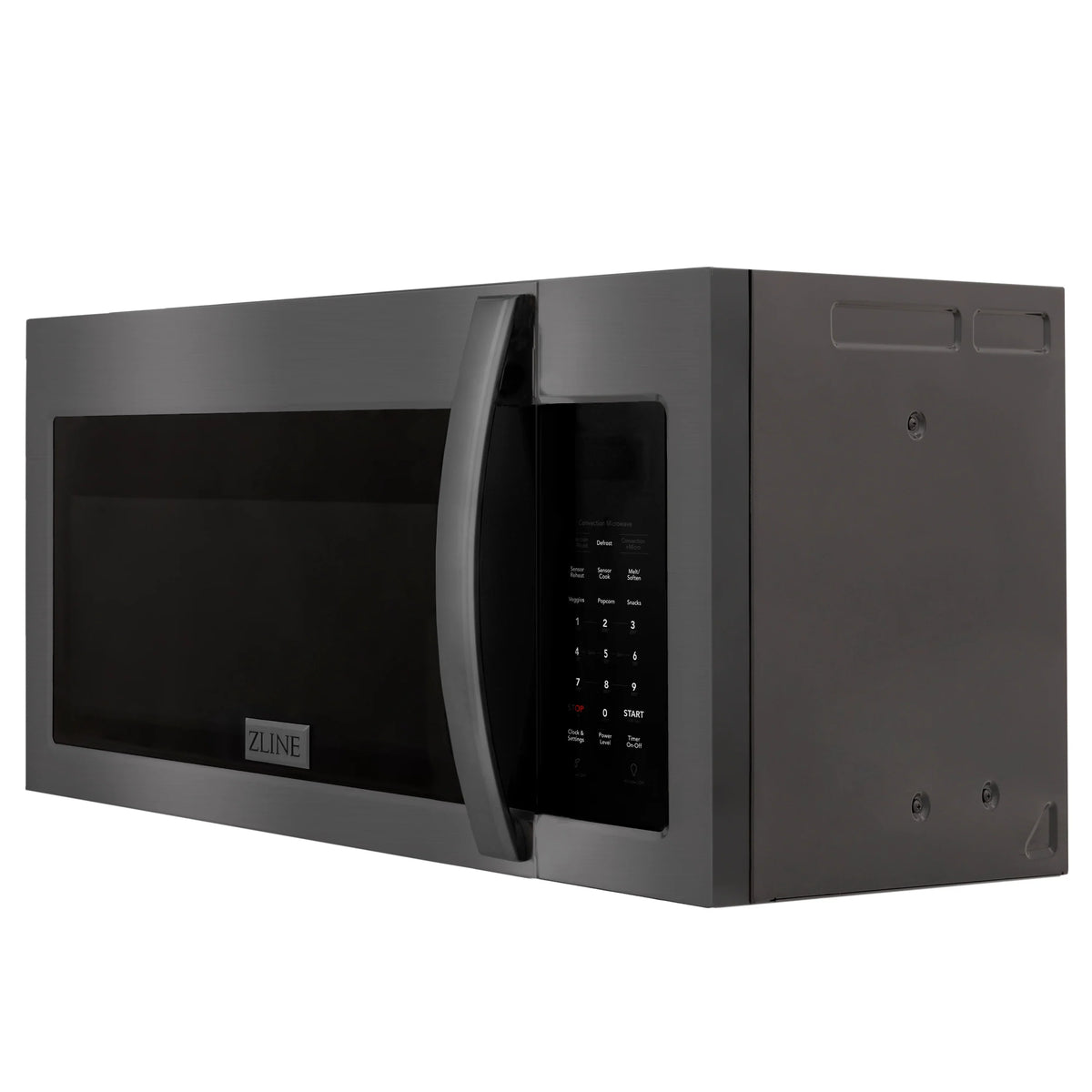 Black stainless steel over-the-range microwave side view with door handle
