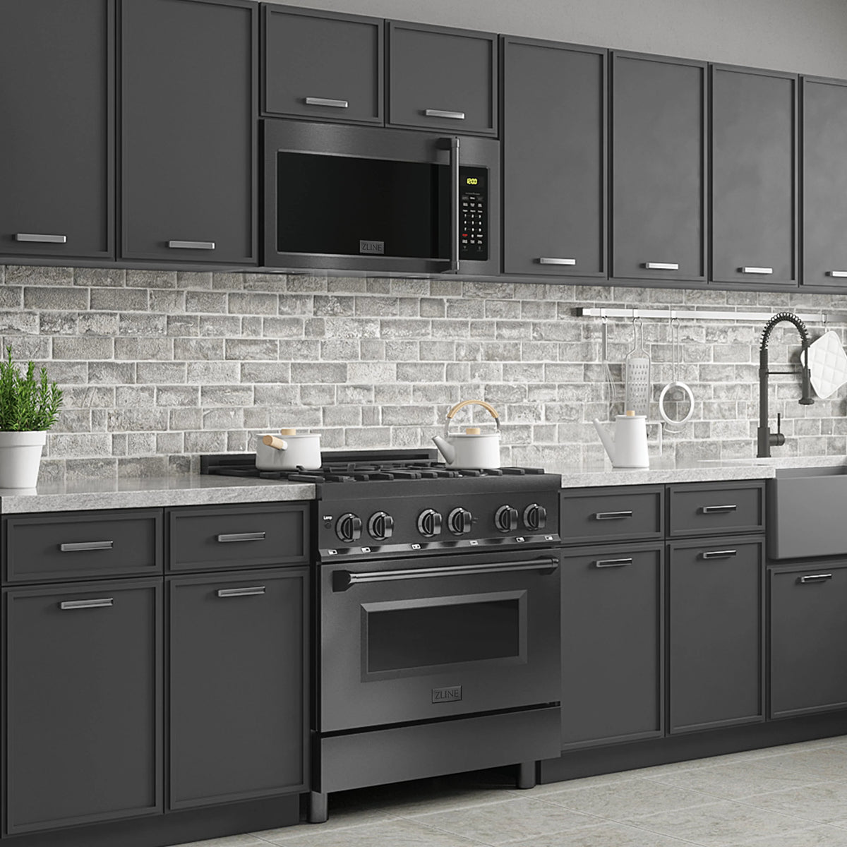 Black stainless over-the-range microwave installed above the backsplash