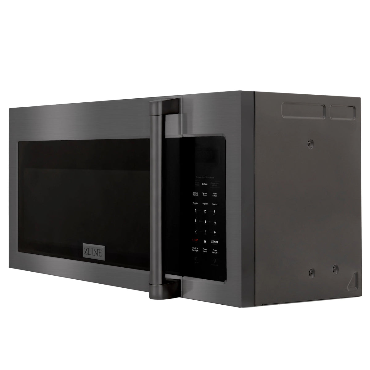 Black stainless over-the-range microwave side view with handle and control display