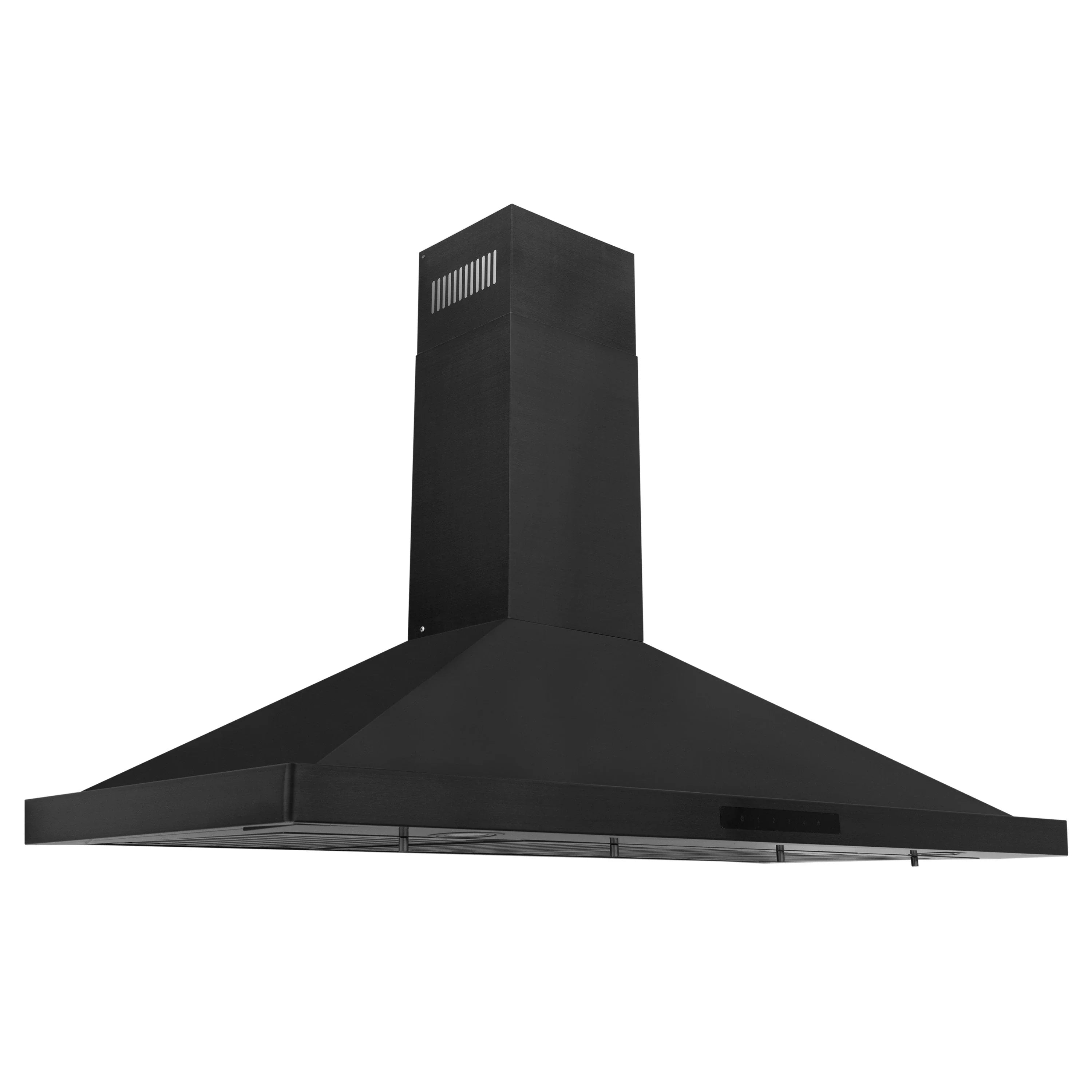 Black stainless steel convertible range hood with tall chimney and wide vent canopy.