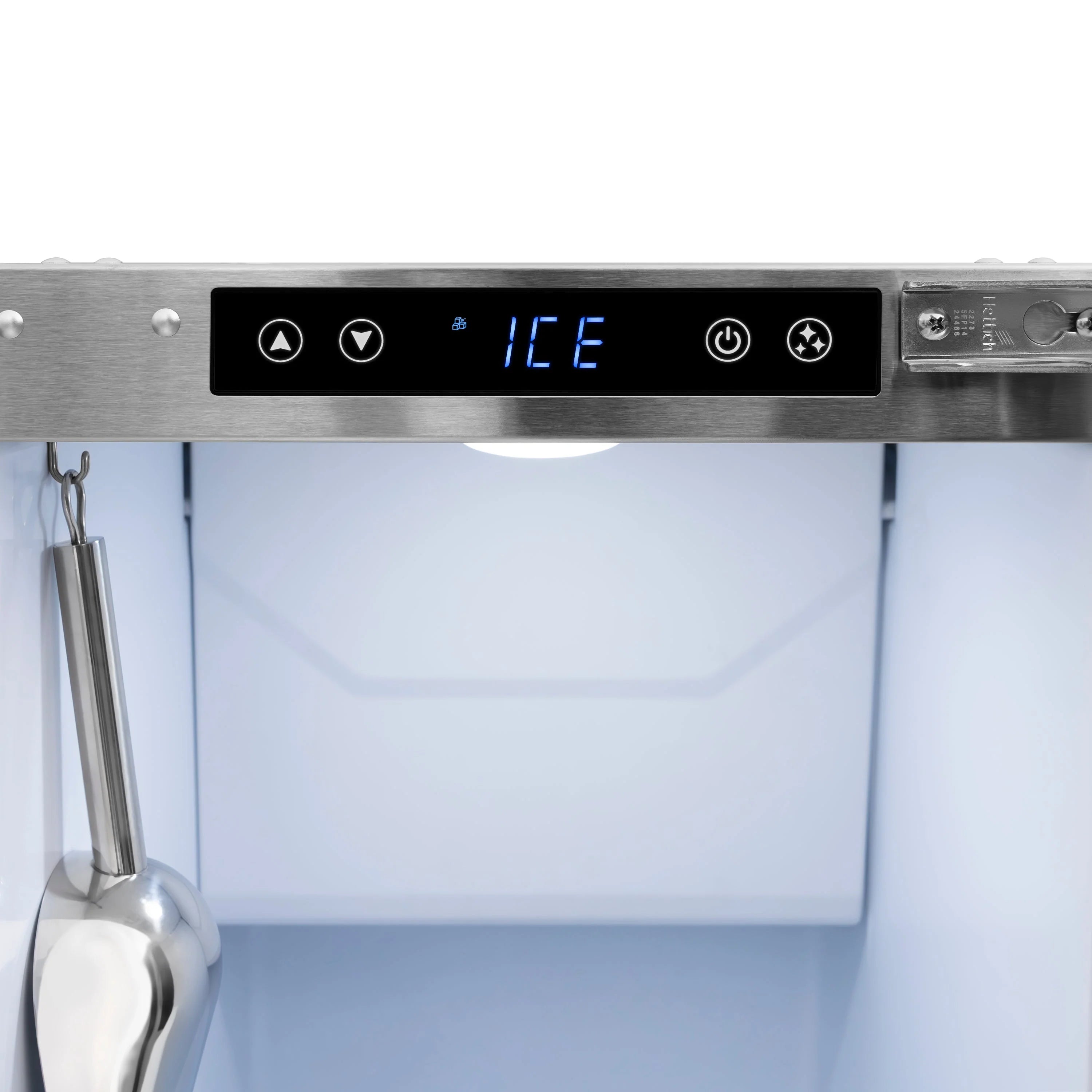 Black stainless steel ice maker control panel with blue ICE display