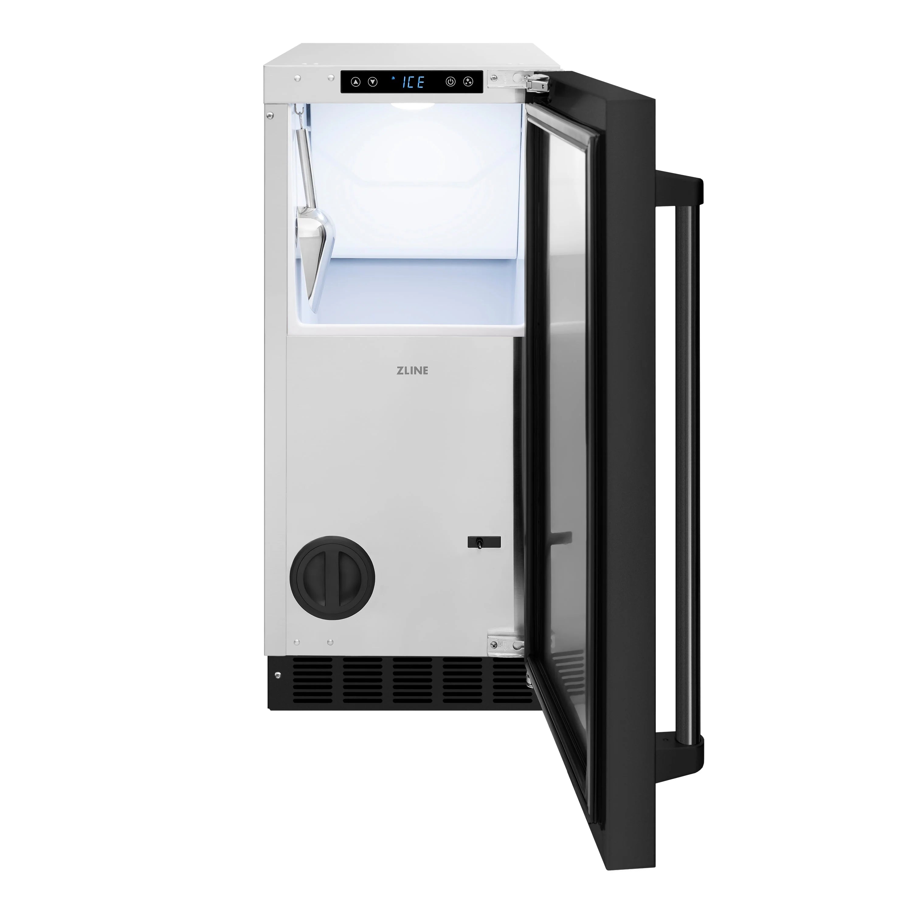 Ice maker with open door showing white interior bin and hanging scoop