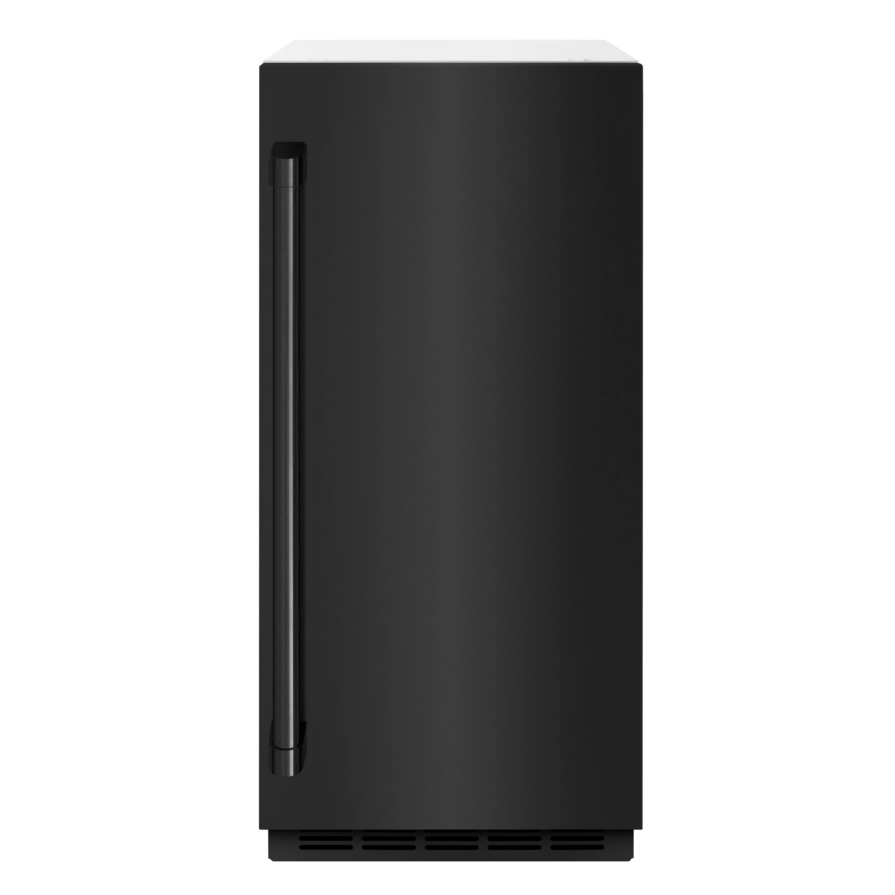 Black stainless steel ice maker with tall access door and vertical handle