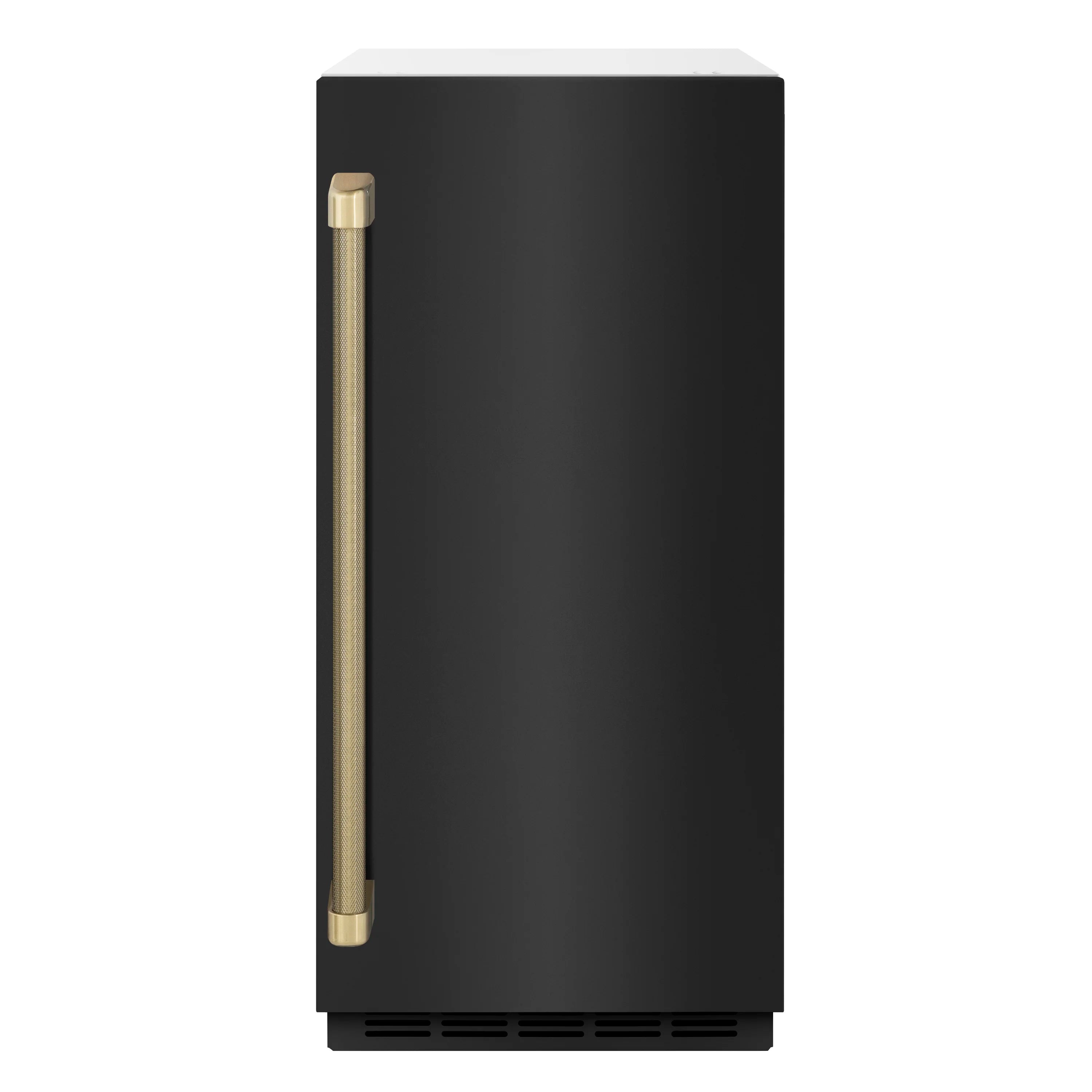 Black stainless ice maker door with bronze helix handle