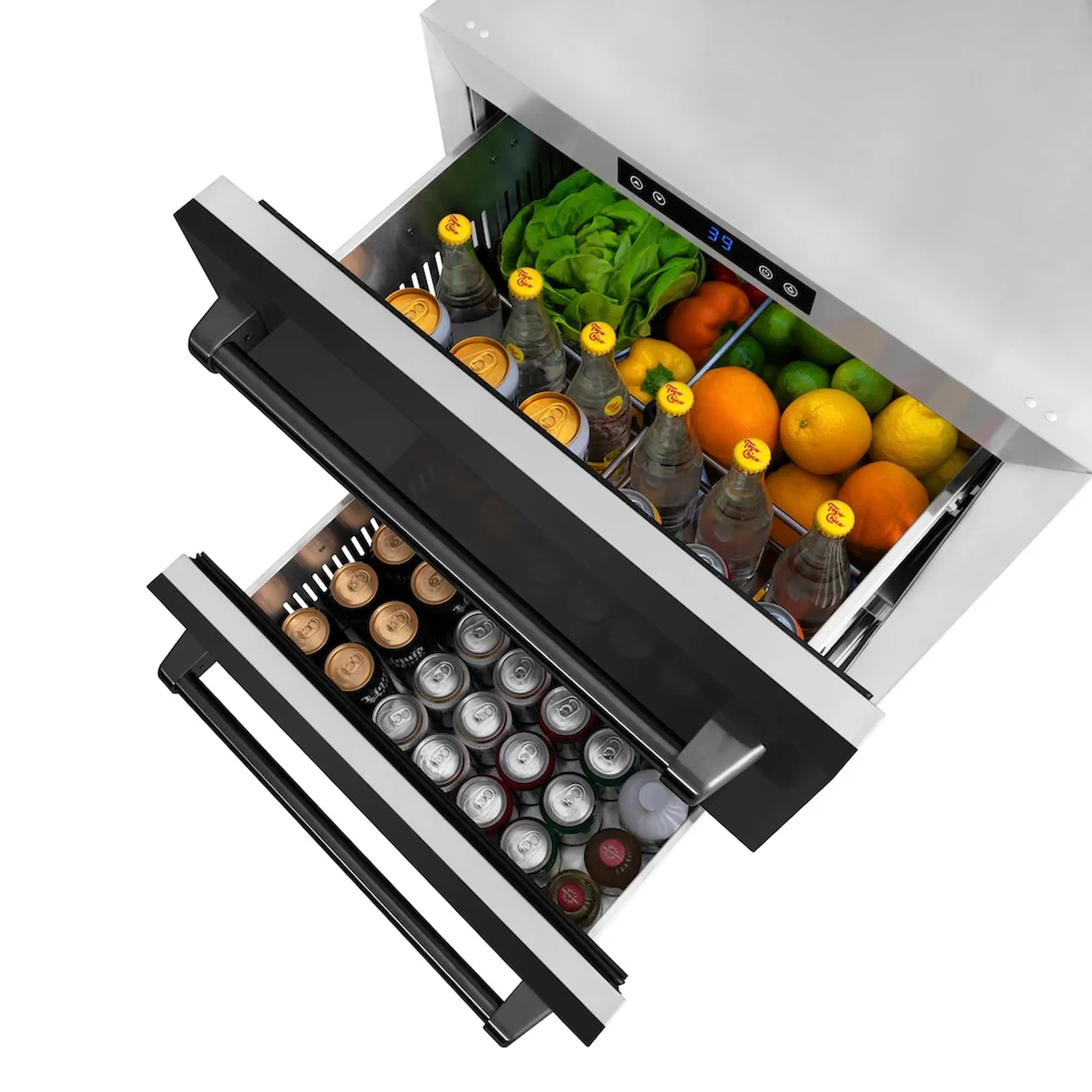 Black stainless refrigerator drawer open, showing upper and lower shelves with bottles