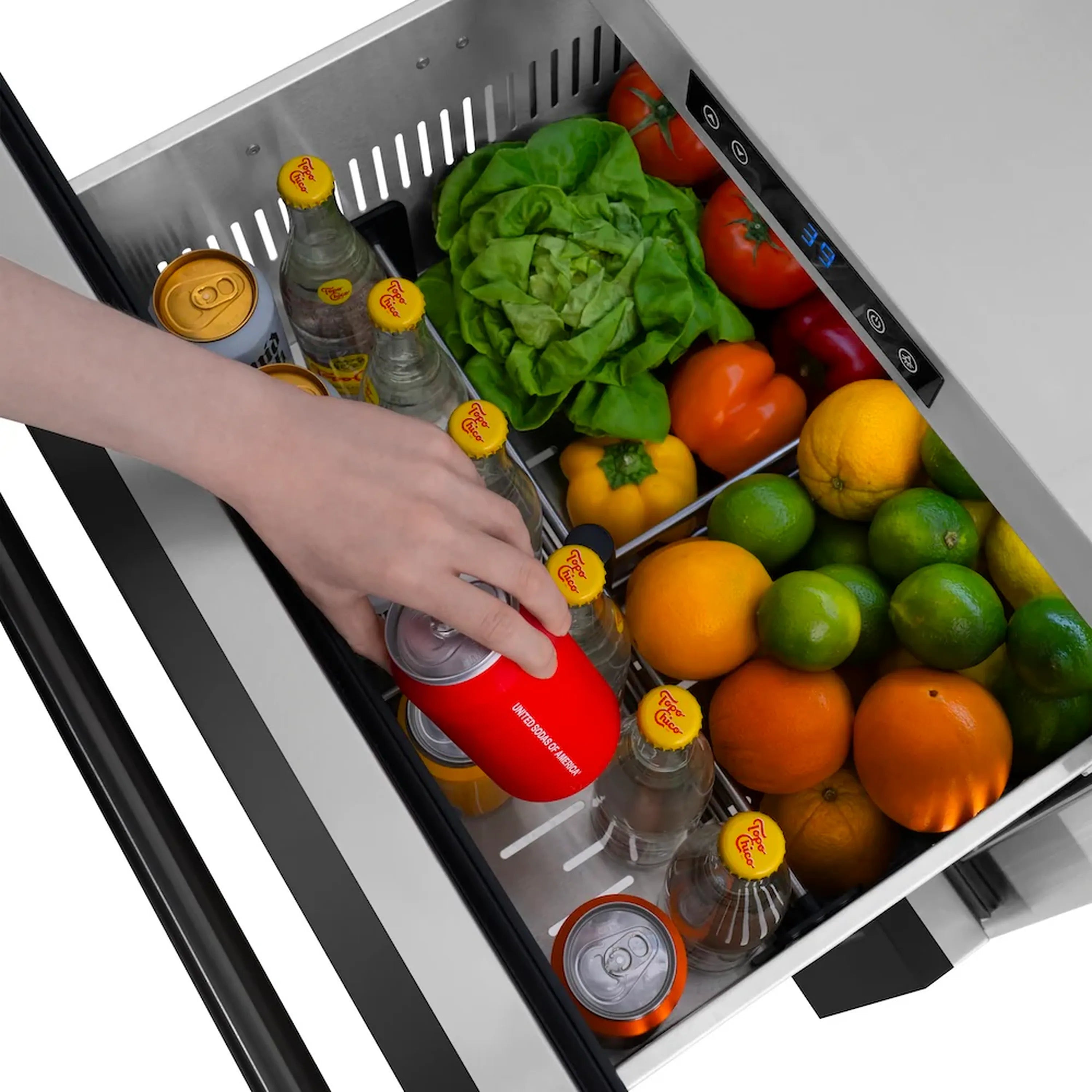 Open refrigerator drawer with colorful produce, water bottles, and canisters
