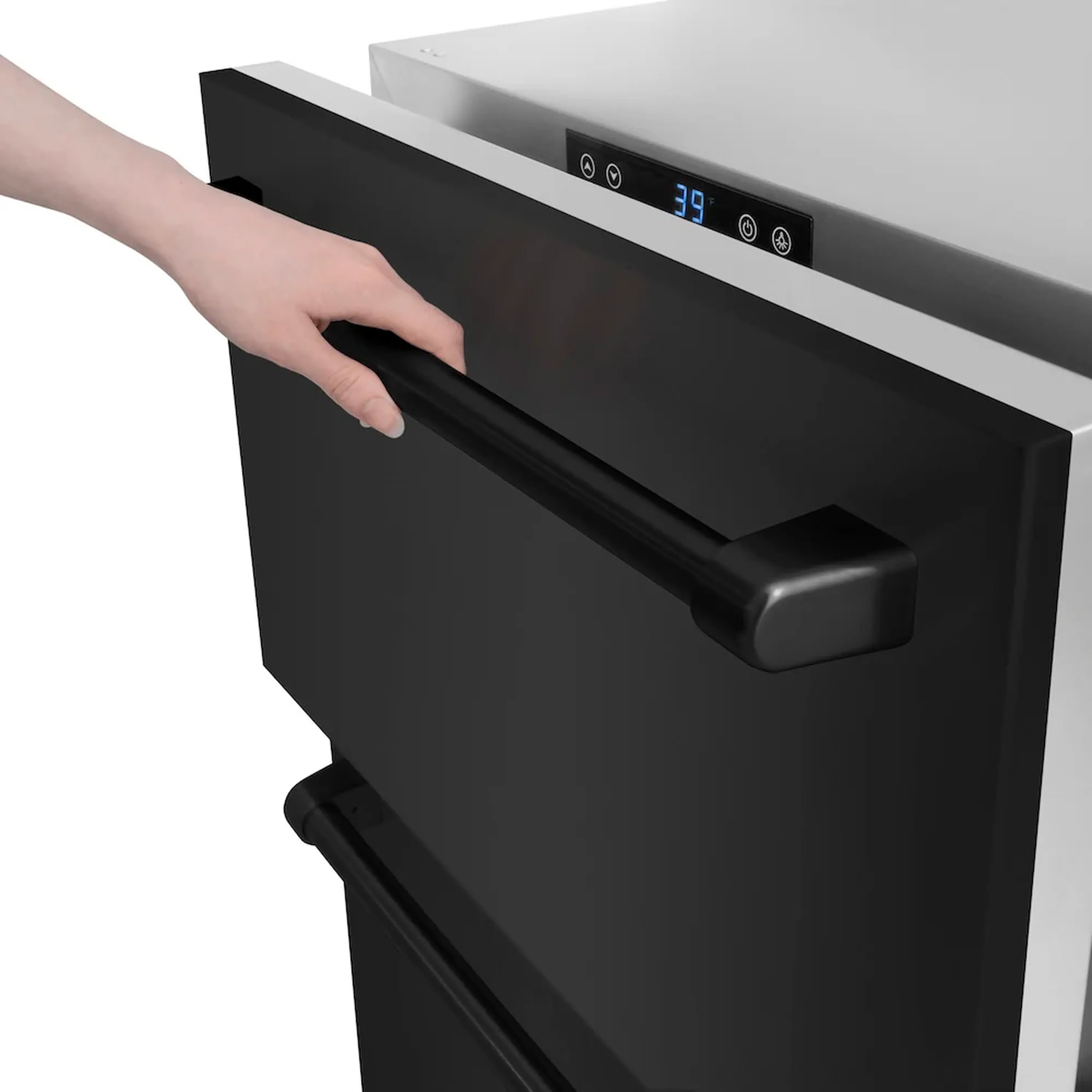 Black stainless refrigerator drawer with front handle and touch control panel