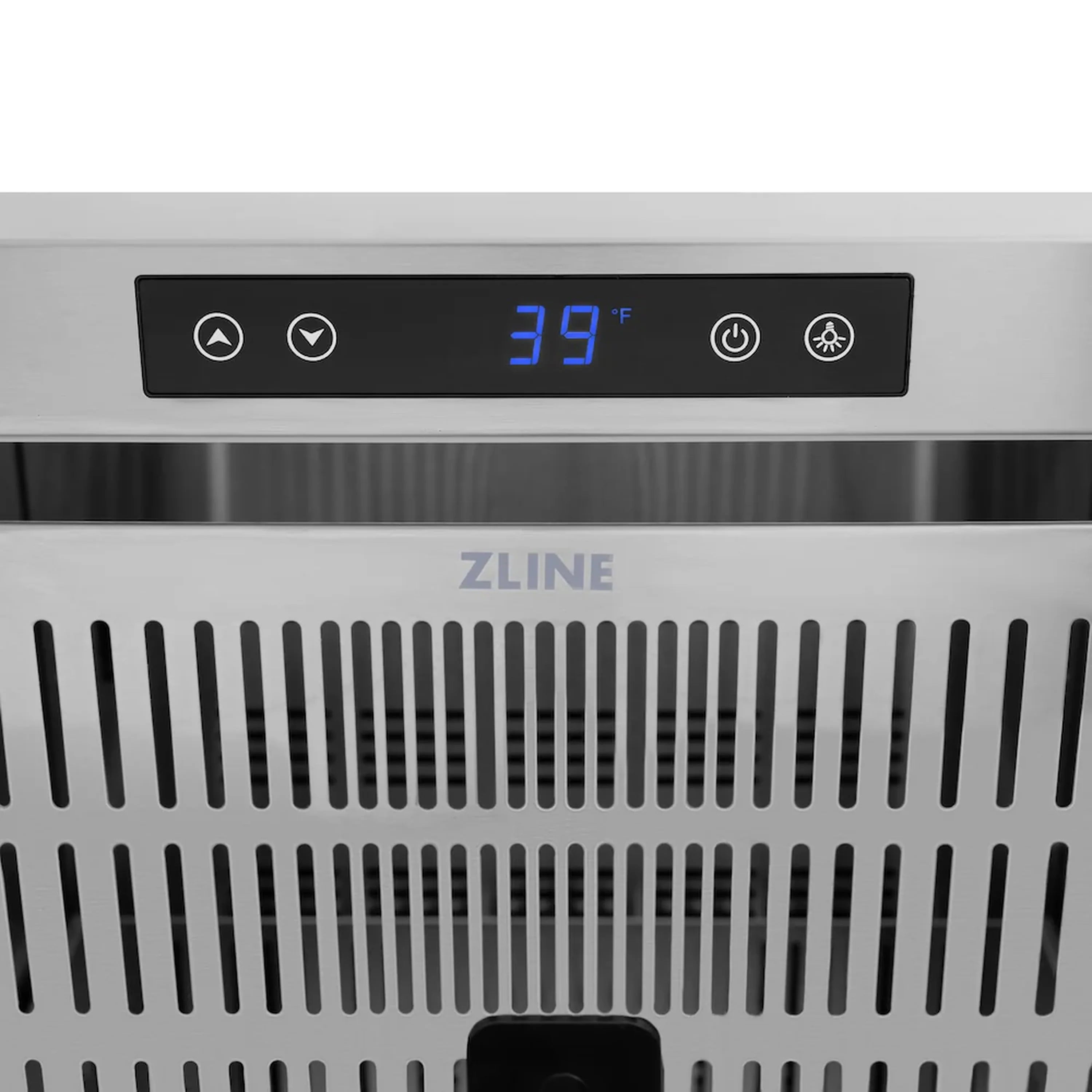 Black touch control panel with blue display and stainless vent grille