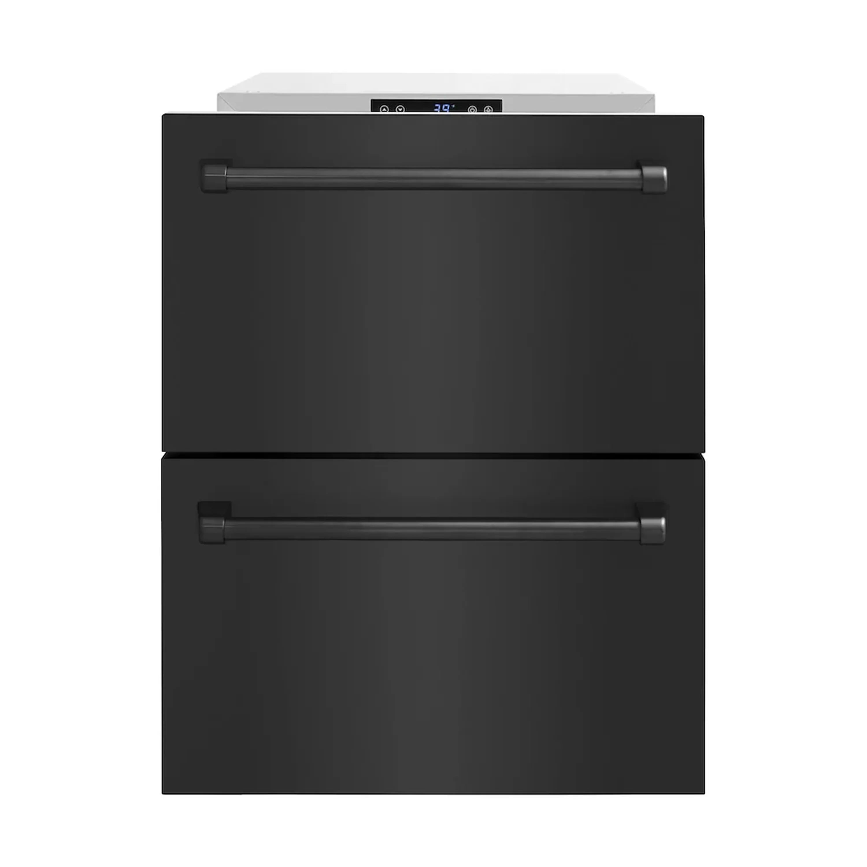 Black stainless refrigerator drawer with top control panel and two recessed horizontal handles