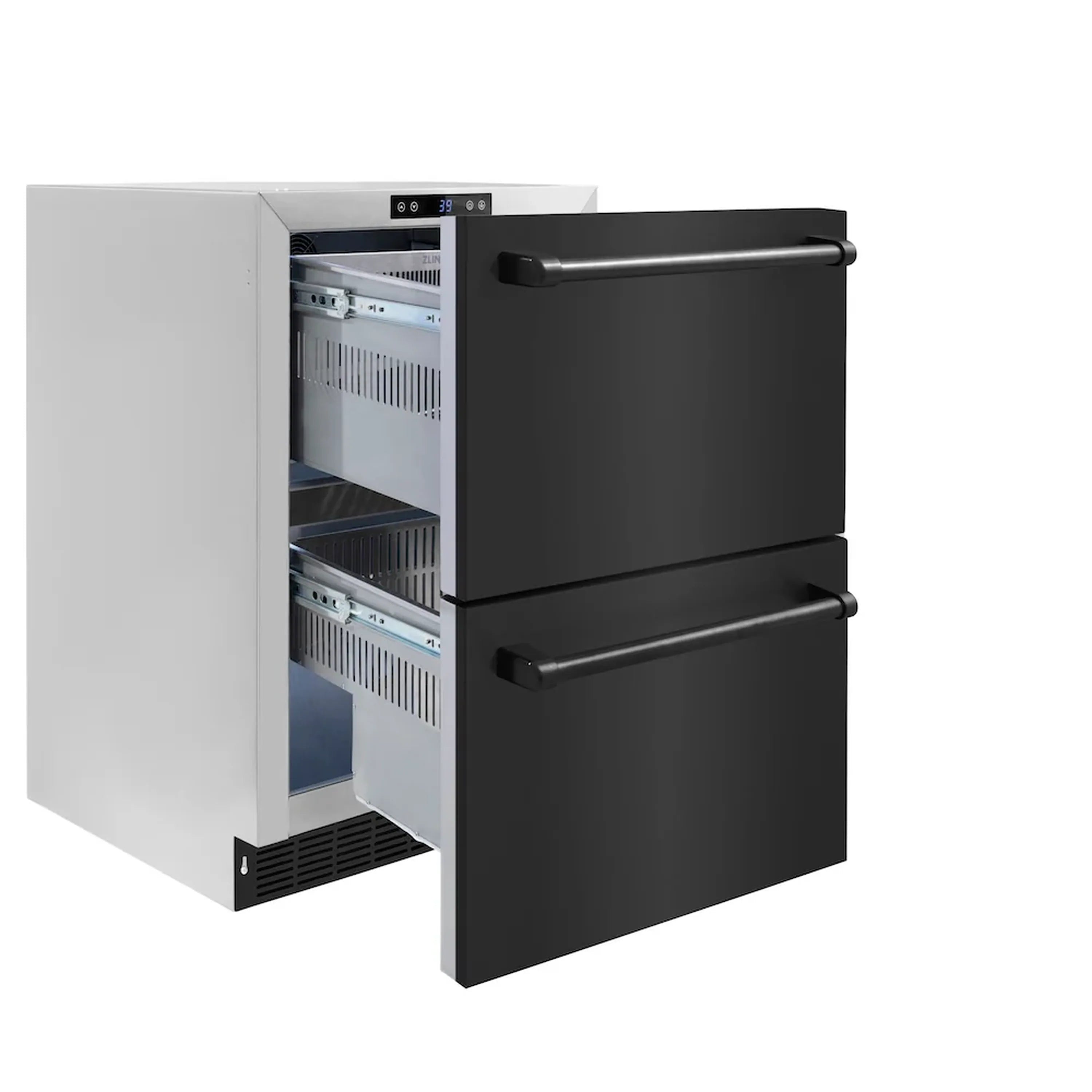 Black stainless refrigerator drawer pulled open, showing two interior shelves and vents
