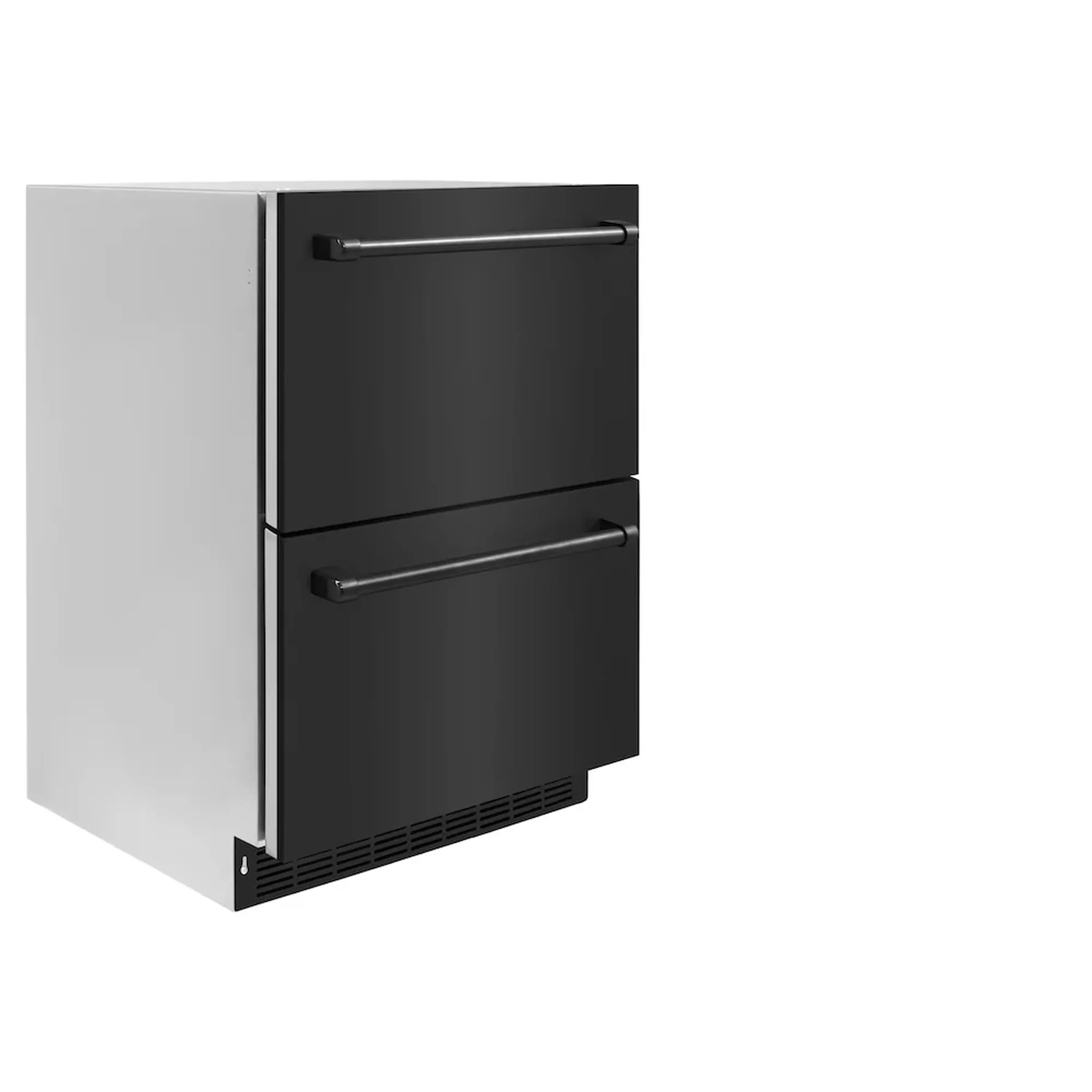Black stainless refrigerator drawer with door open, showing interior vents and two handles
