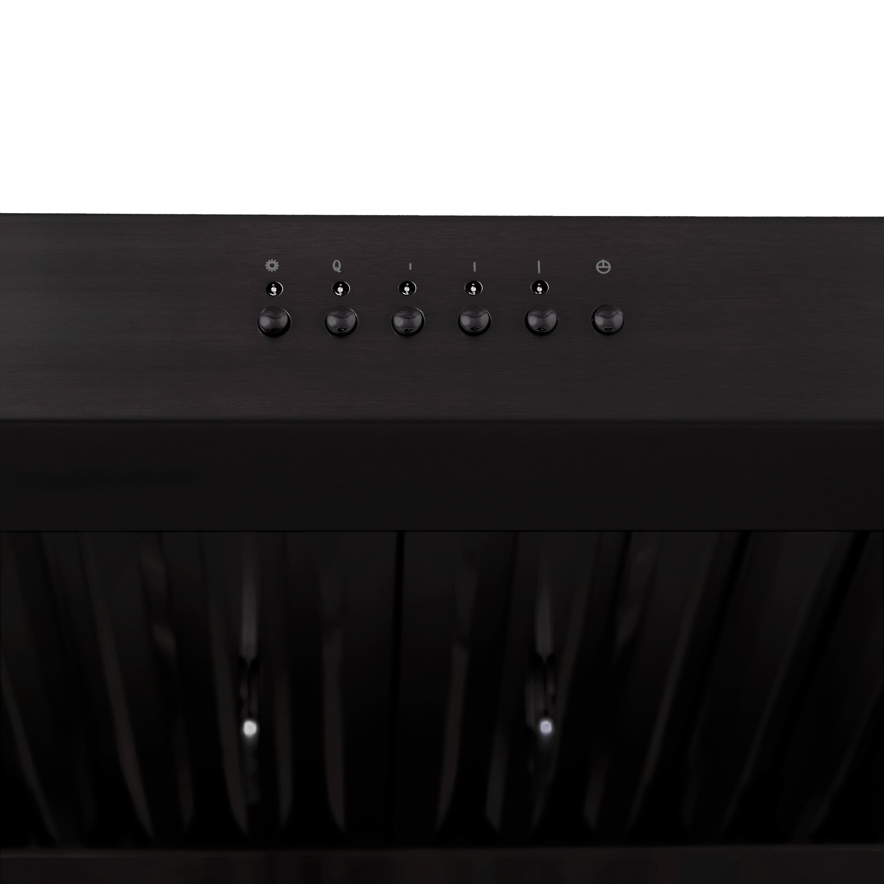 Black stainless ducted range hood control panel with buttons above vent