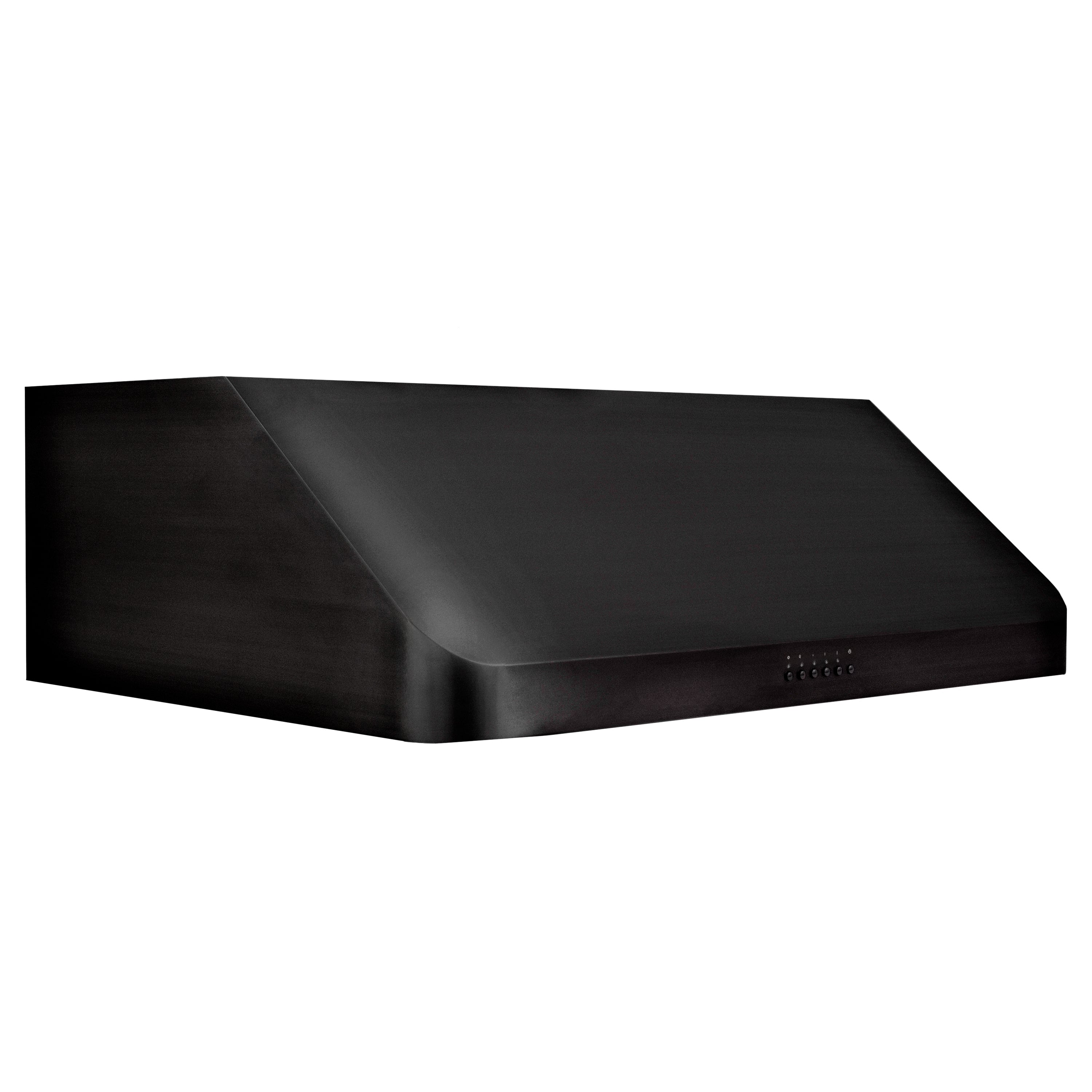 Black under-cabinet range hood with angled canopy and stainless vent chimney section.