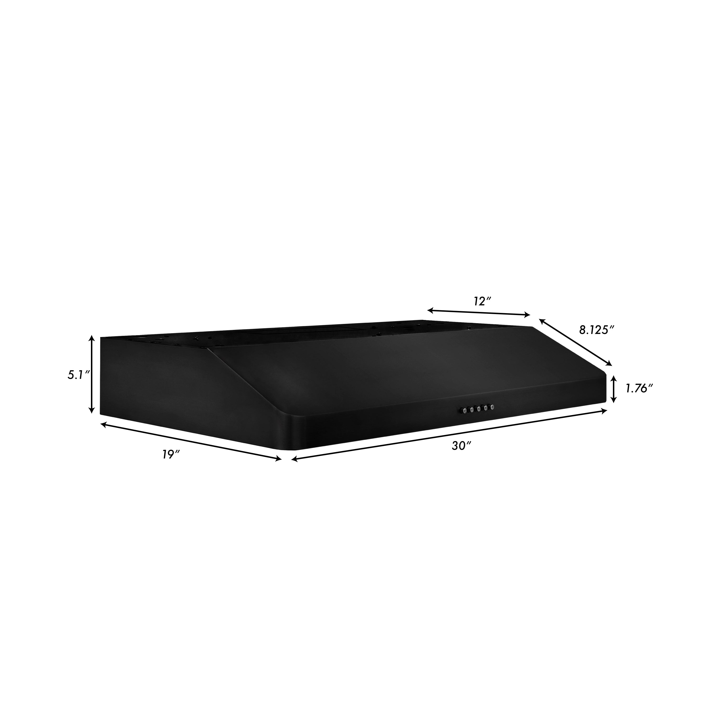 Black under-cabinet range hood with labeled size dimensions, 30 in width