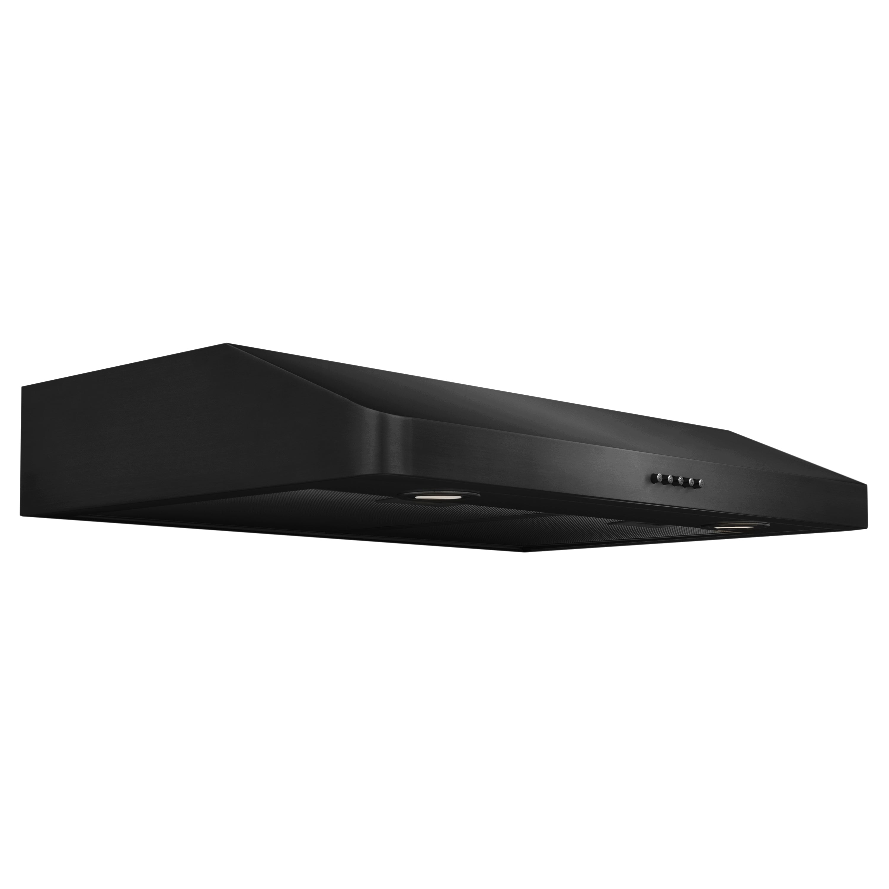 Black under-cabinet range hood angled view with control buttons on top