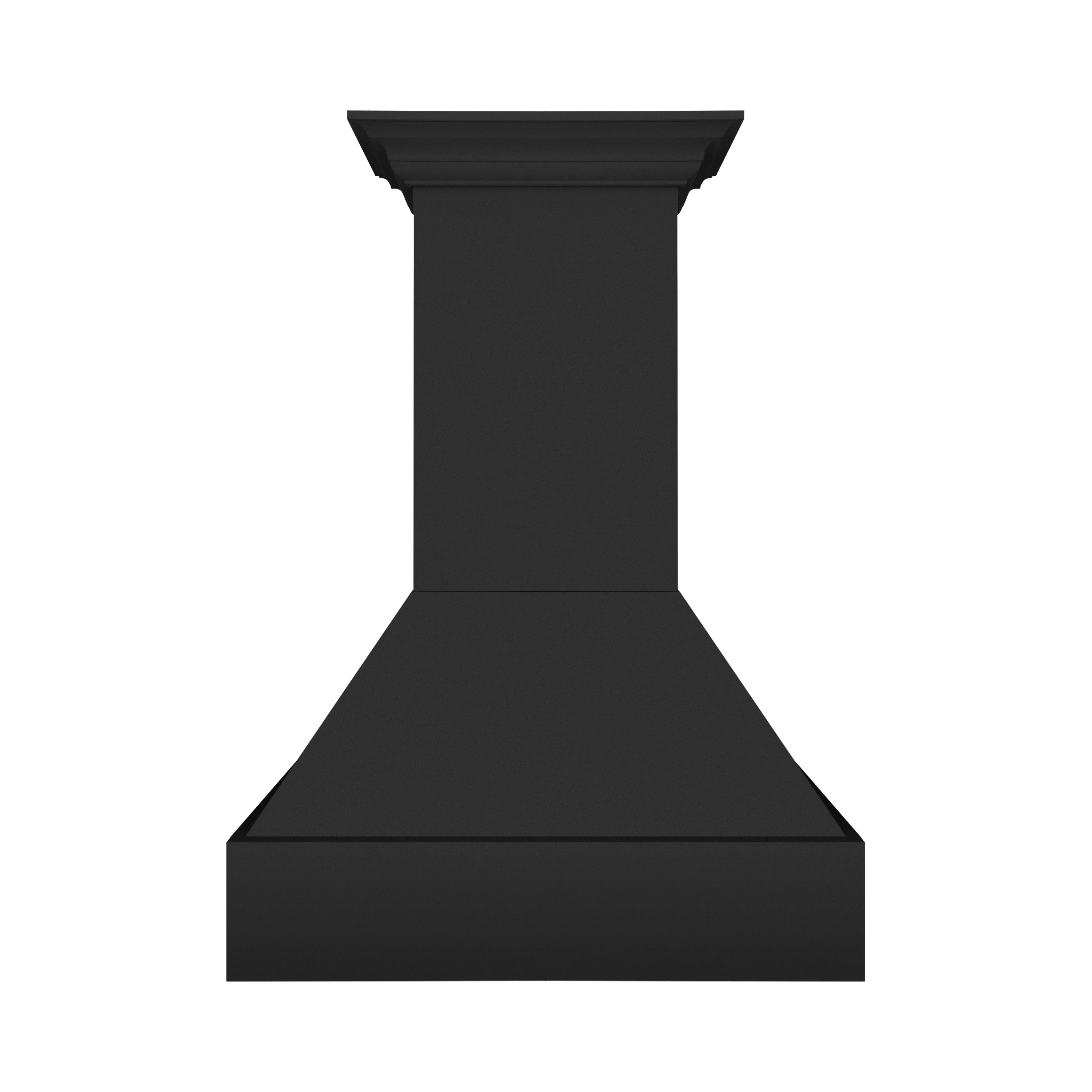 Black wall-mounted range hood canopy and chimney with flared top, matte finish