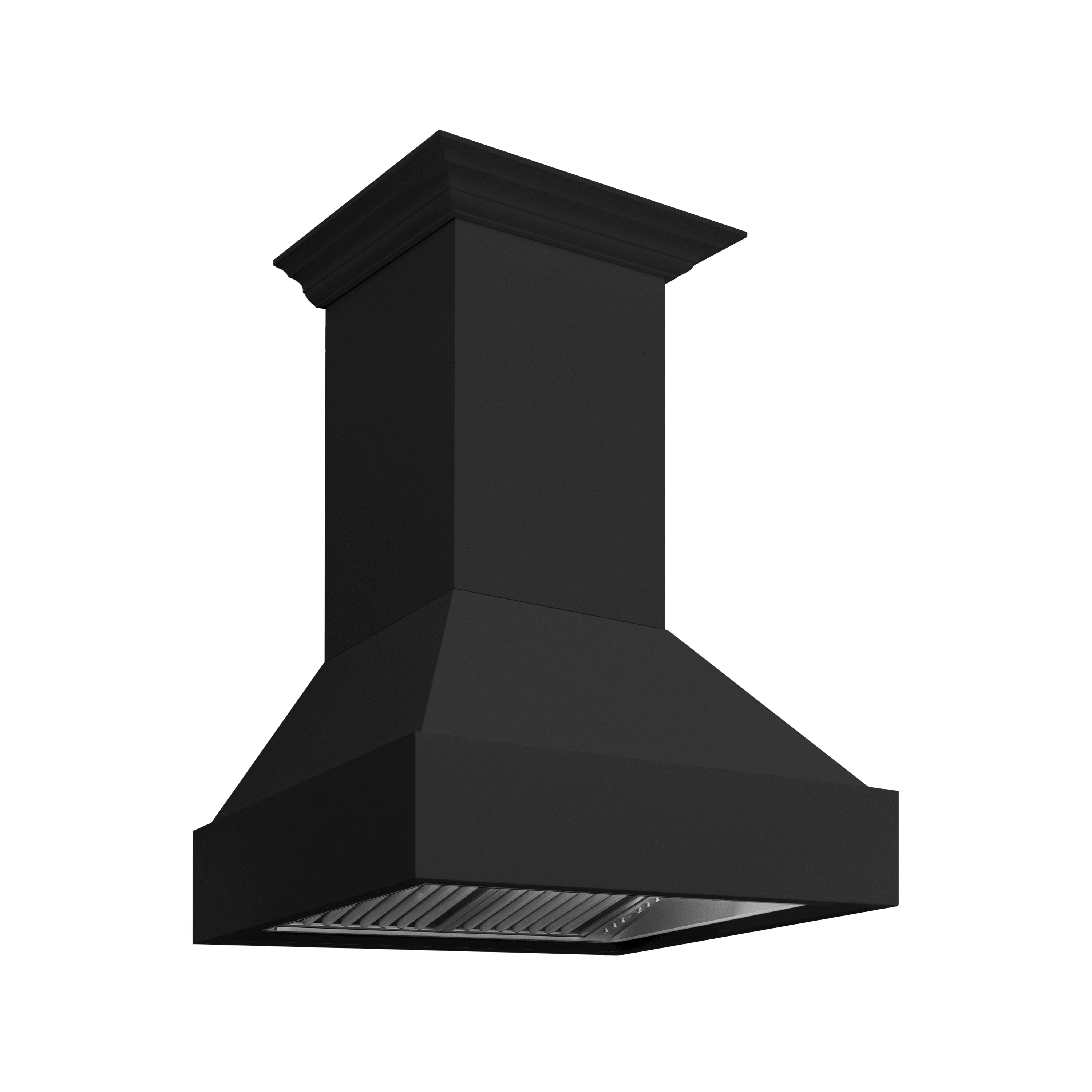 Black wall mount range hood angled three-quarter view with chimney and filter area