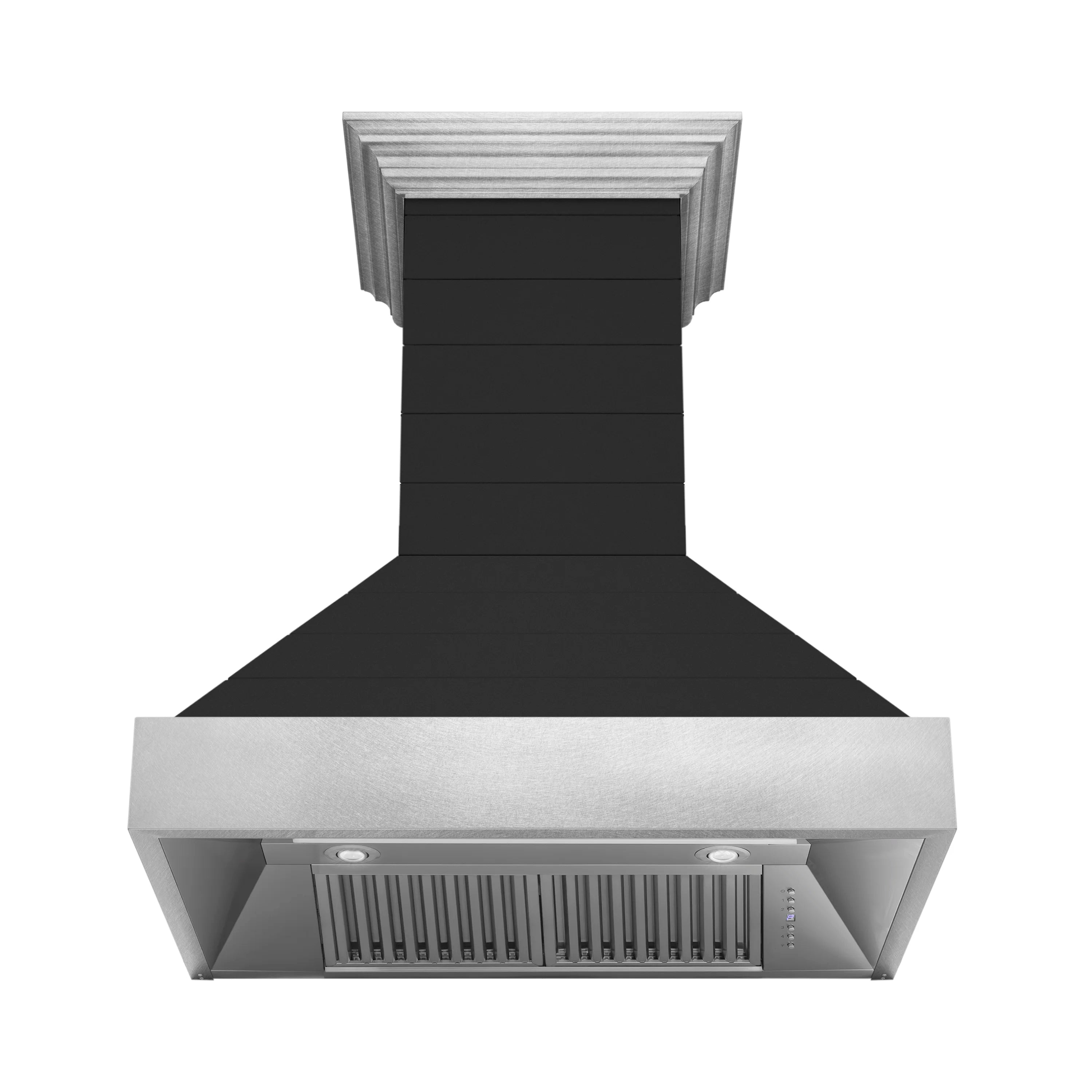 Black wall-mounted range hood with stainless front panel and vent grille