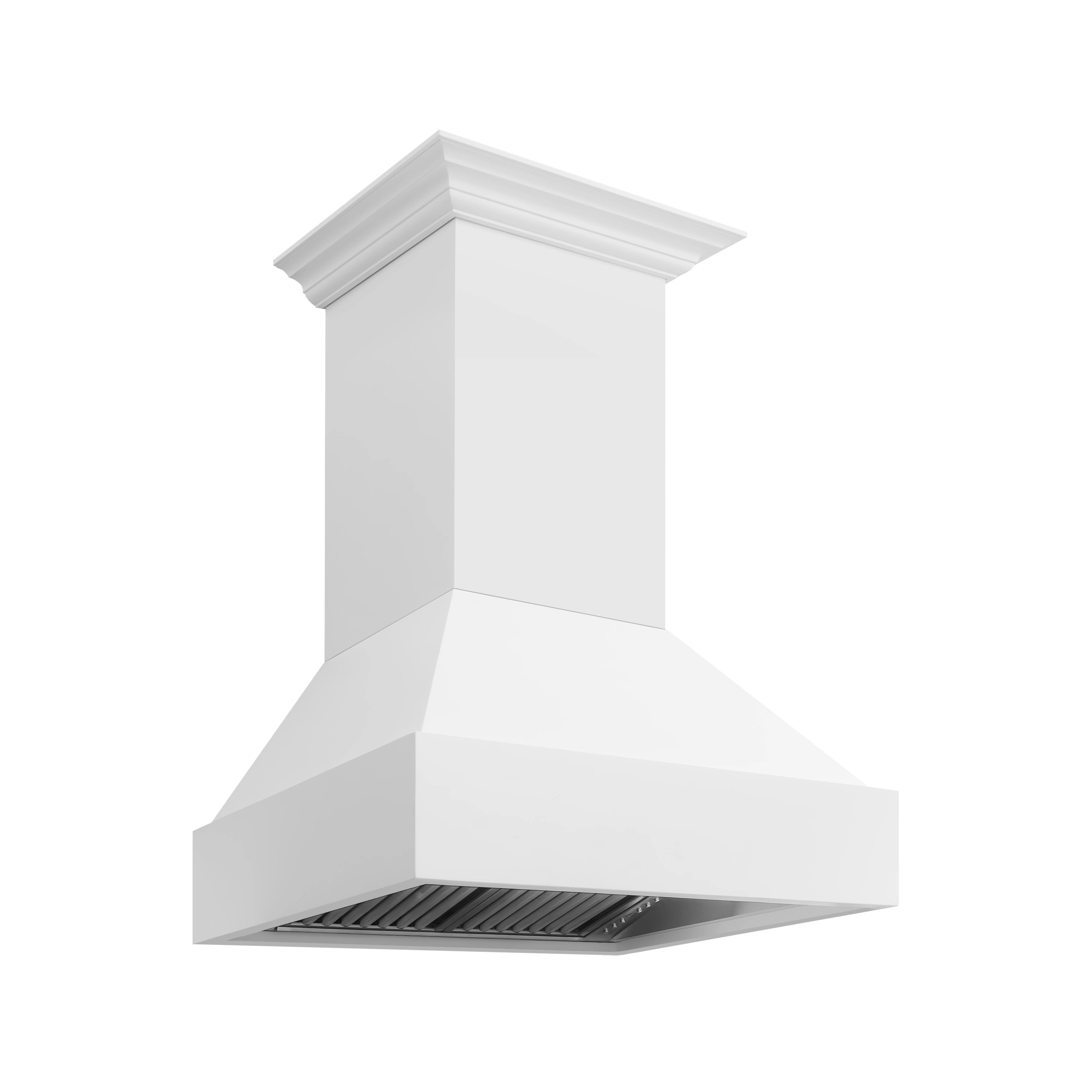 Bright white wall mount range hood with decorative crown top and dark vent grate