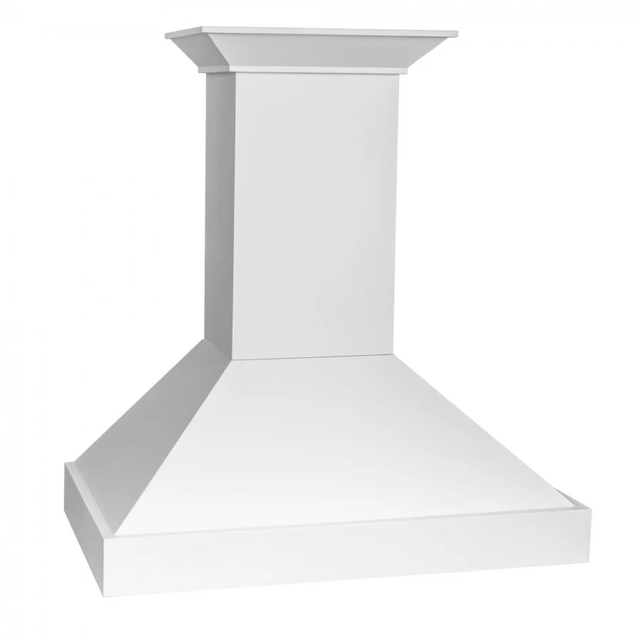 Bright white range hood chimney section with flared top and flat bottom