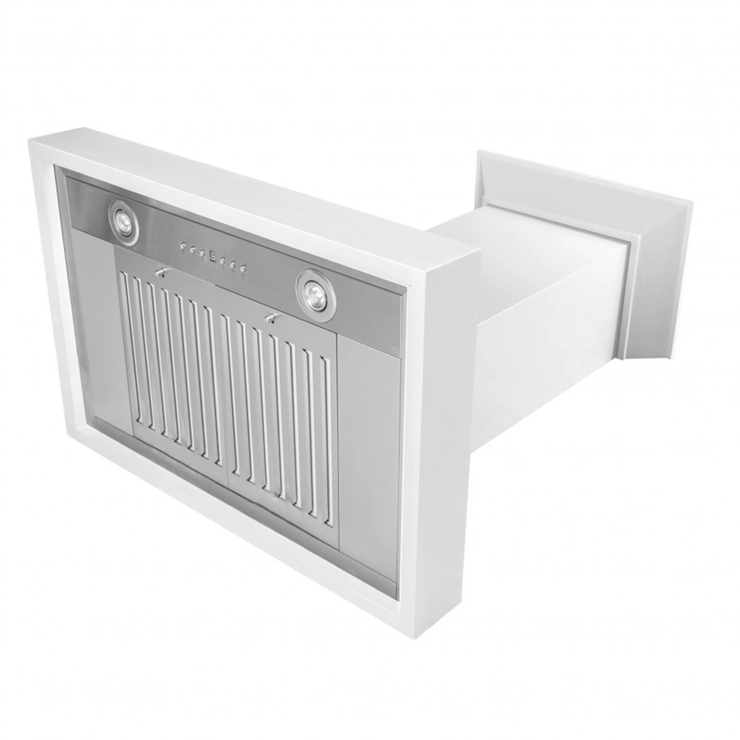 Bright white wall mount range hood with front vent panel and two round light fixtures