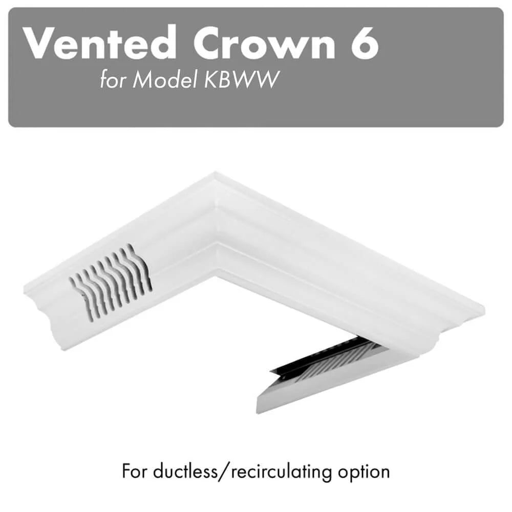 White vented crown molding profile with corner vent for range hood installation