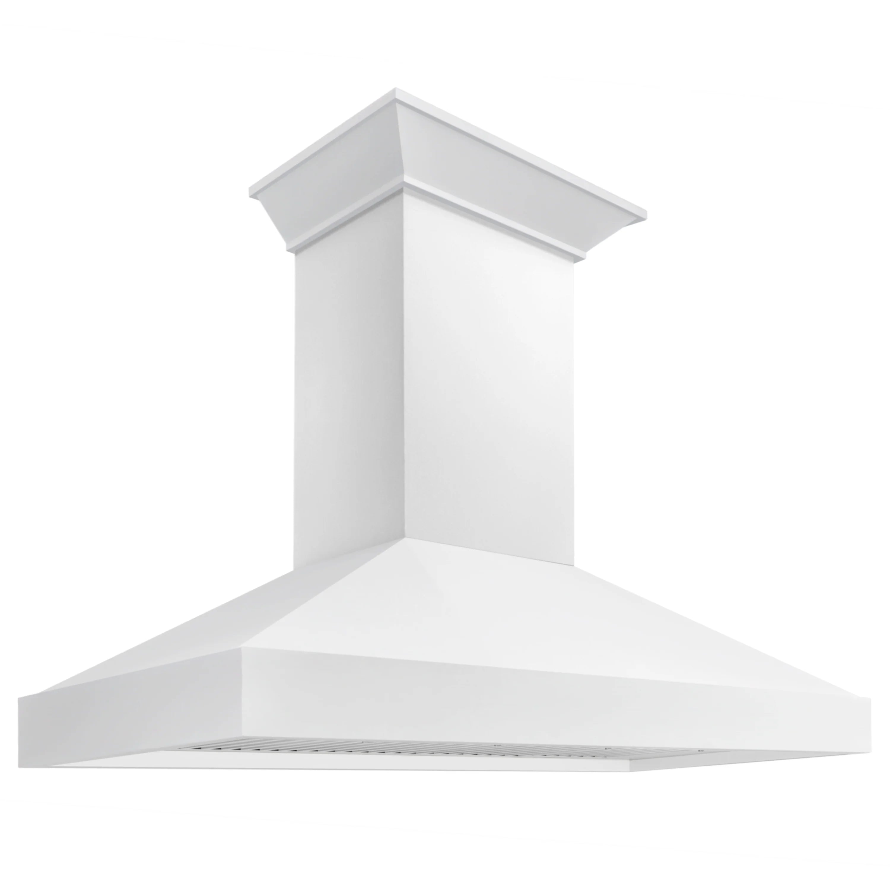 White wall mount range hood angled front view with chimney column, smooth finish