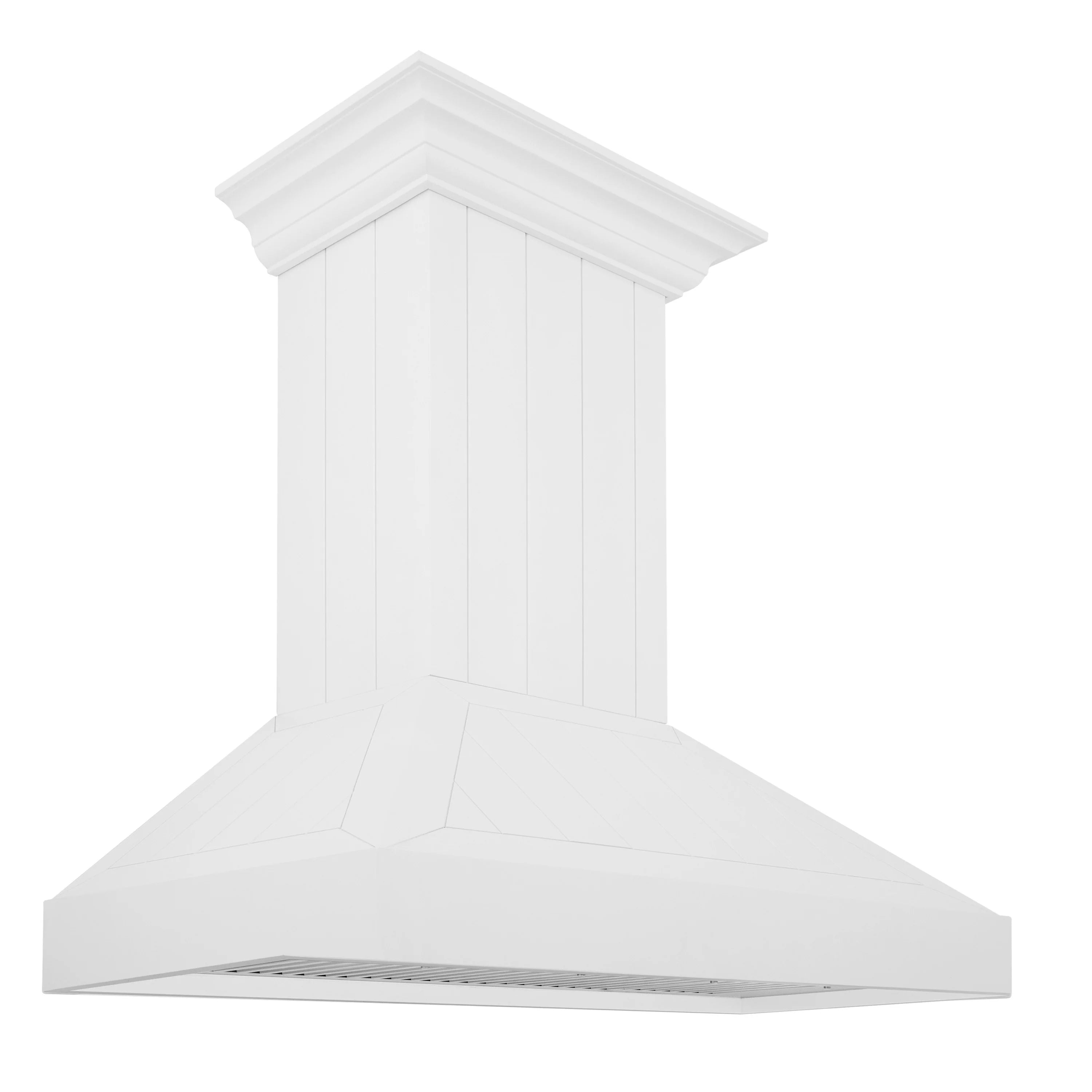 Bright white shiplap wall mount range hood with chimney column and open vent front