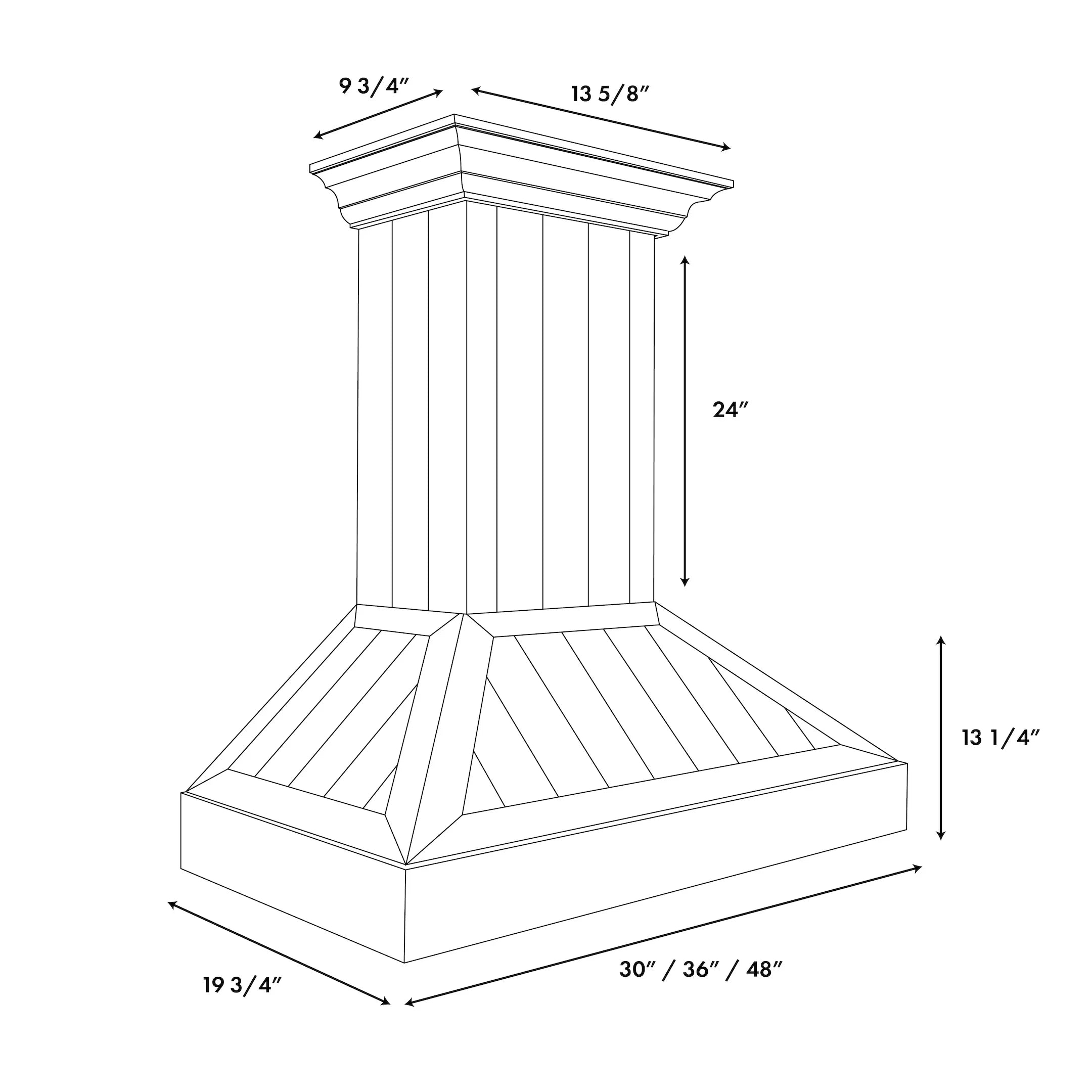 Wall mount range hood diagram with dimensions and shiplap chimney silhouette