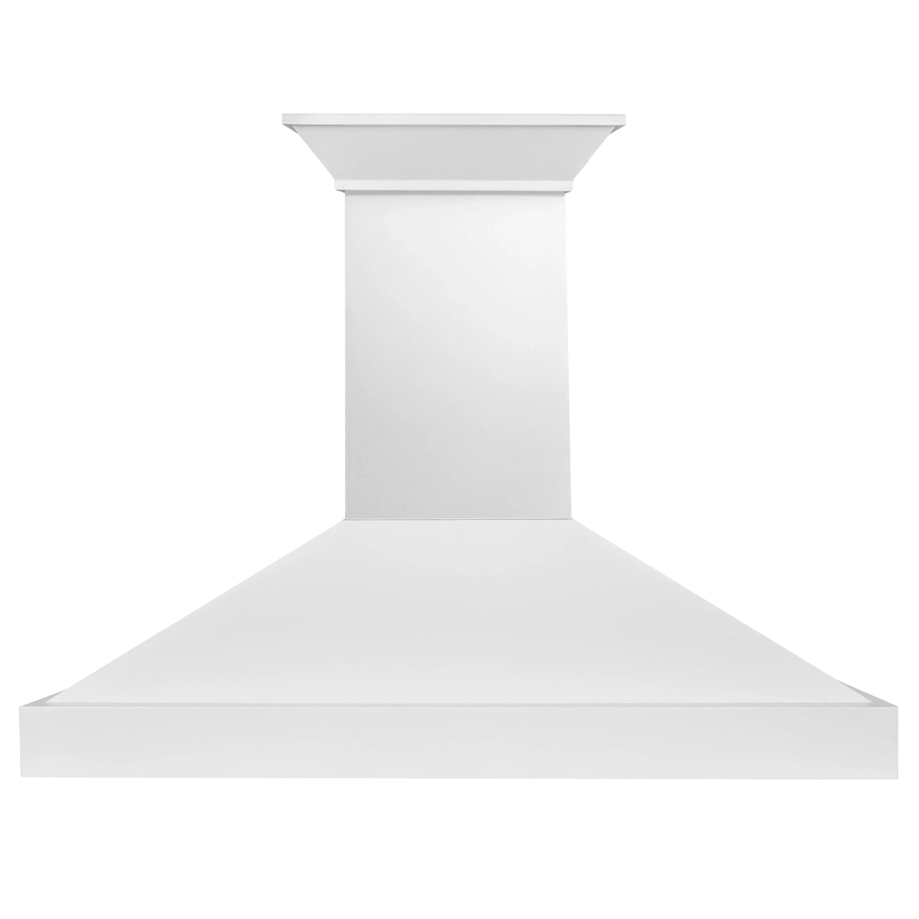 White wall mount range hood with chimney column and flared canopy, smooth finish