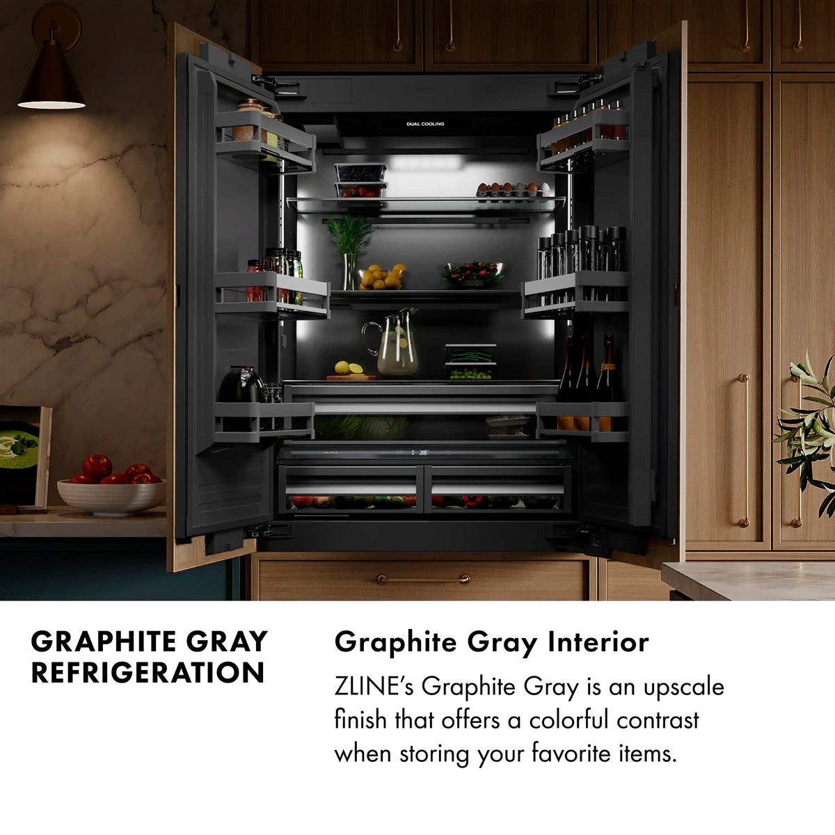 French door refrigerator open, graphite gray interior with shelving and drawers