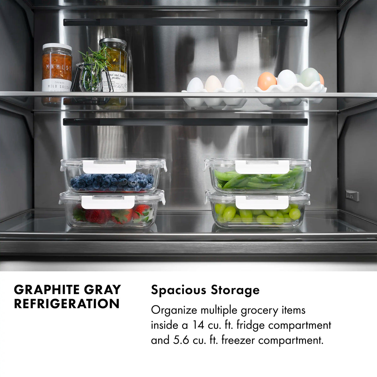 Stainless French door refrigerator with spacious interior shelves and storage bins