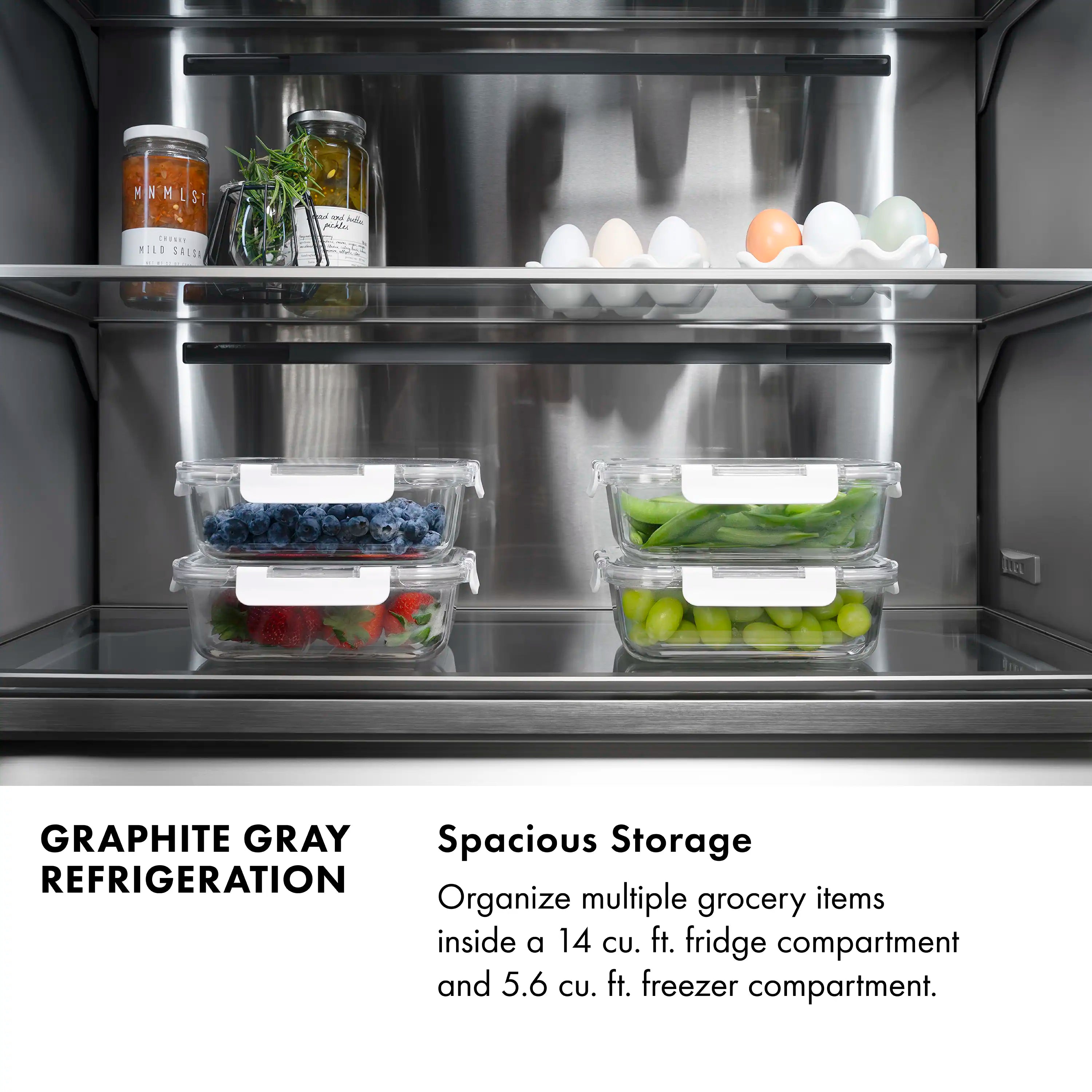 French door refrigerator upper compartment with eggs, jars, and clear drawers