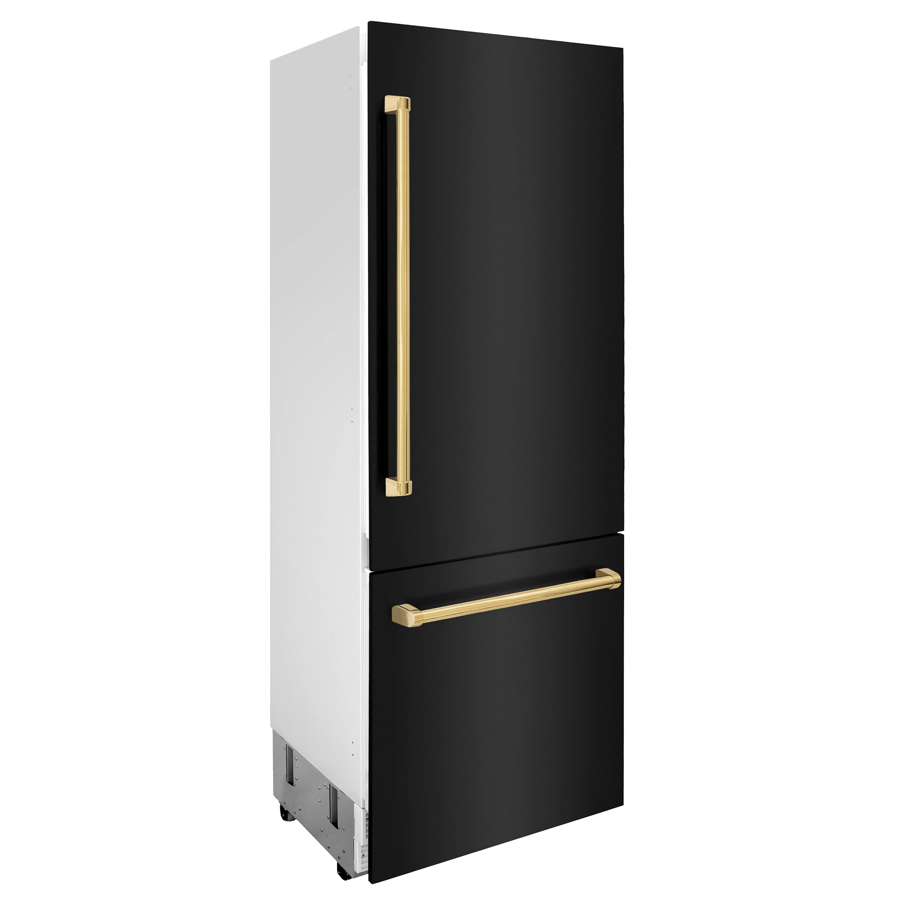Black stainless steel bottom-freezer refrigerator side view with gold vertical handle