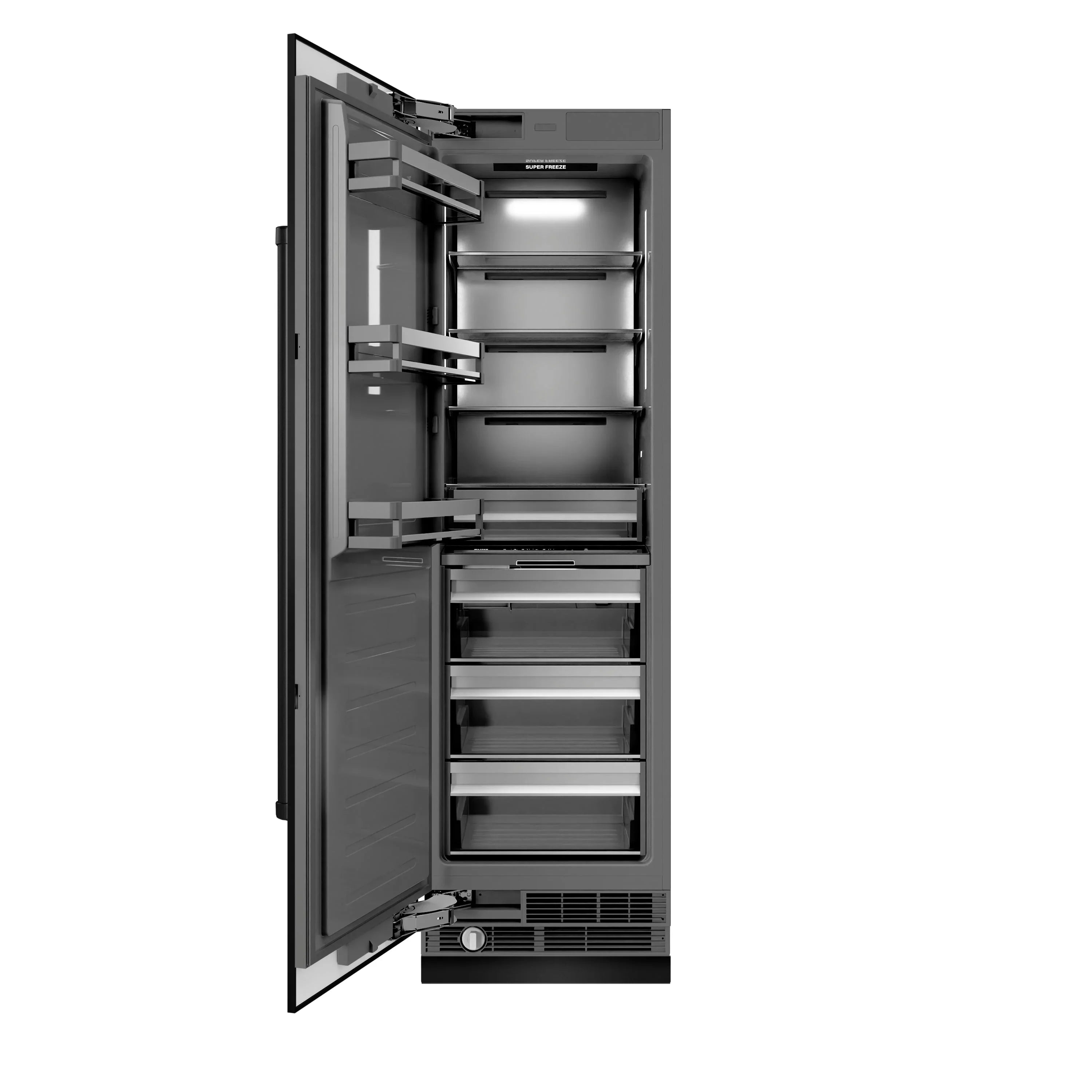 Black stainless refrigerator with open door, freezer shelves and drawers visible