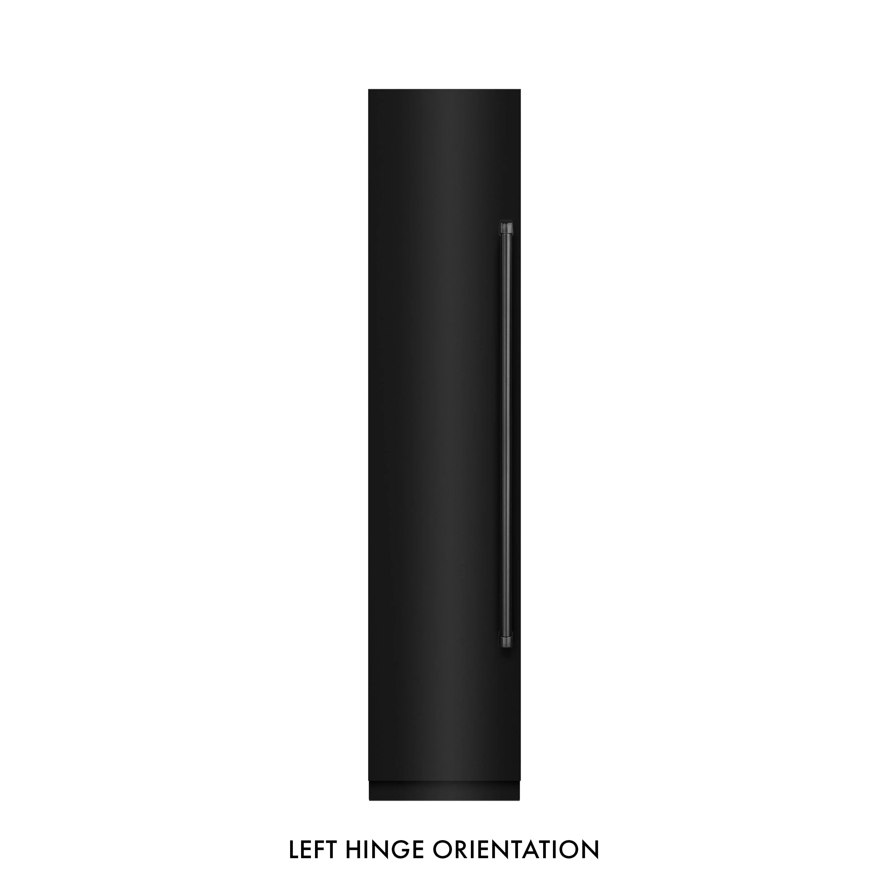 Black stainless steel refrigerator-freezer with left hinge orientation and vertical handles