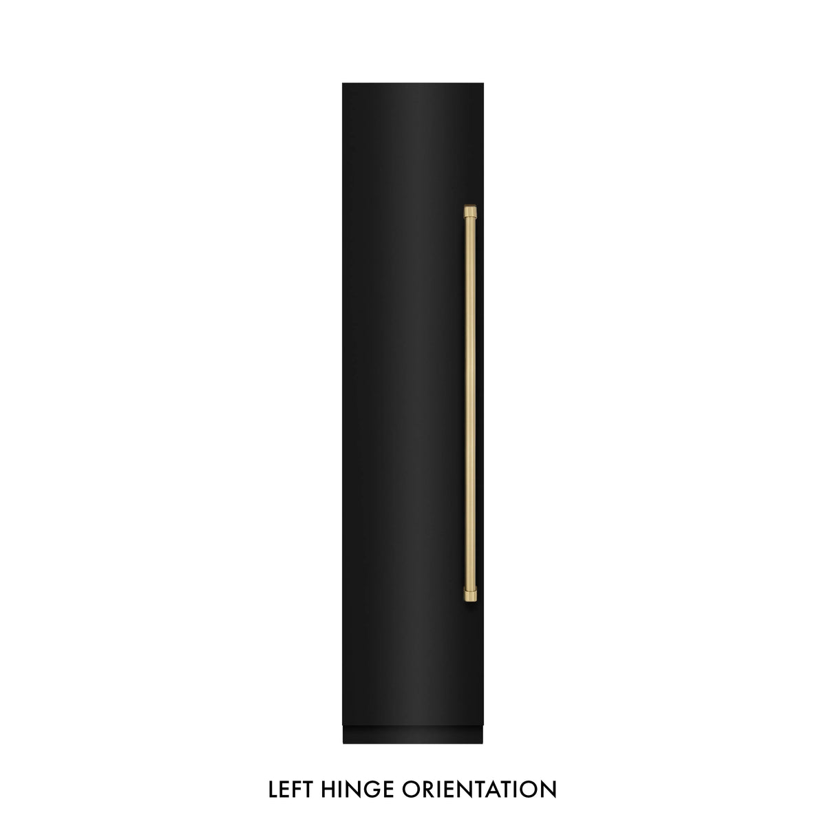 Black freezer door with champagne bronze left-hinge handle and left hinge orientation label